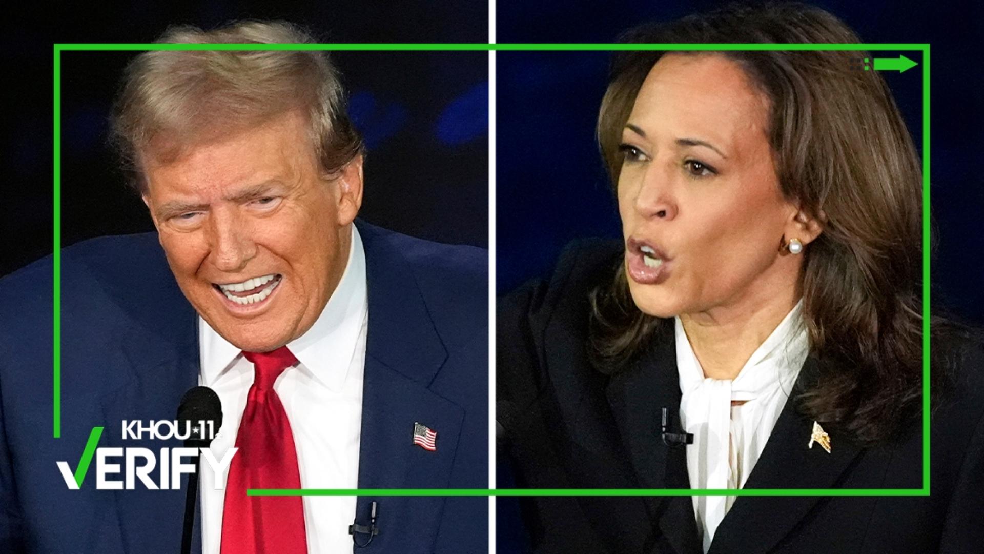 The KHOU 11 VERIFY Team fact-checked claims made by Vice President Kamala Harris and former President Donald Trump about Project 2025, crime rates and more.