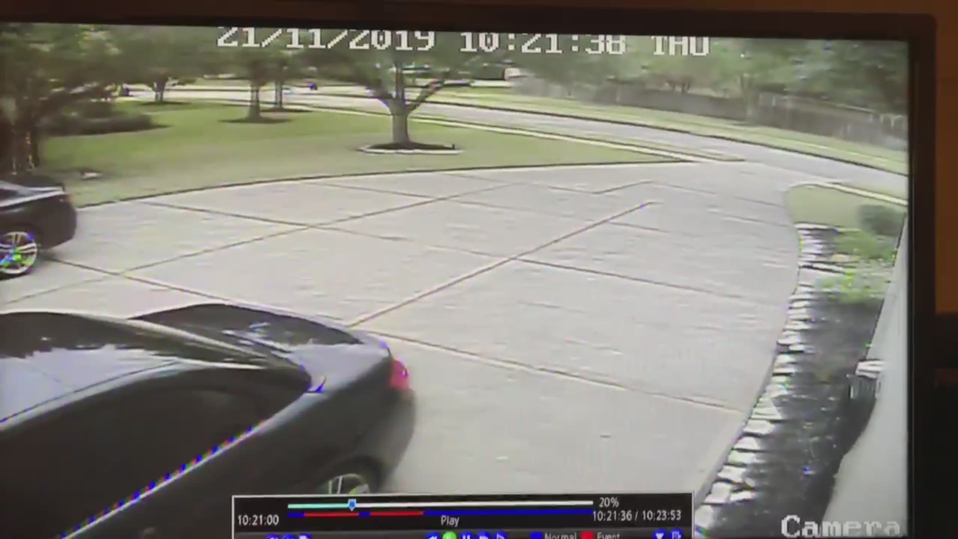 Harris County Precinct 3 shared video of a large SUV doing donuts in someone's front yard before crashing into a parked car.