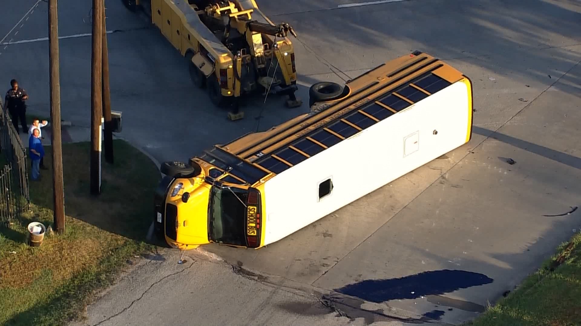 Police are responding to a school bus crash in southeast Houston Wednesday morning. An aerial view from Air 11 showed the bus on its side.