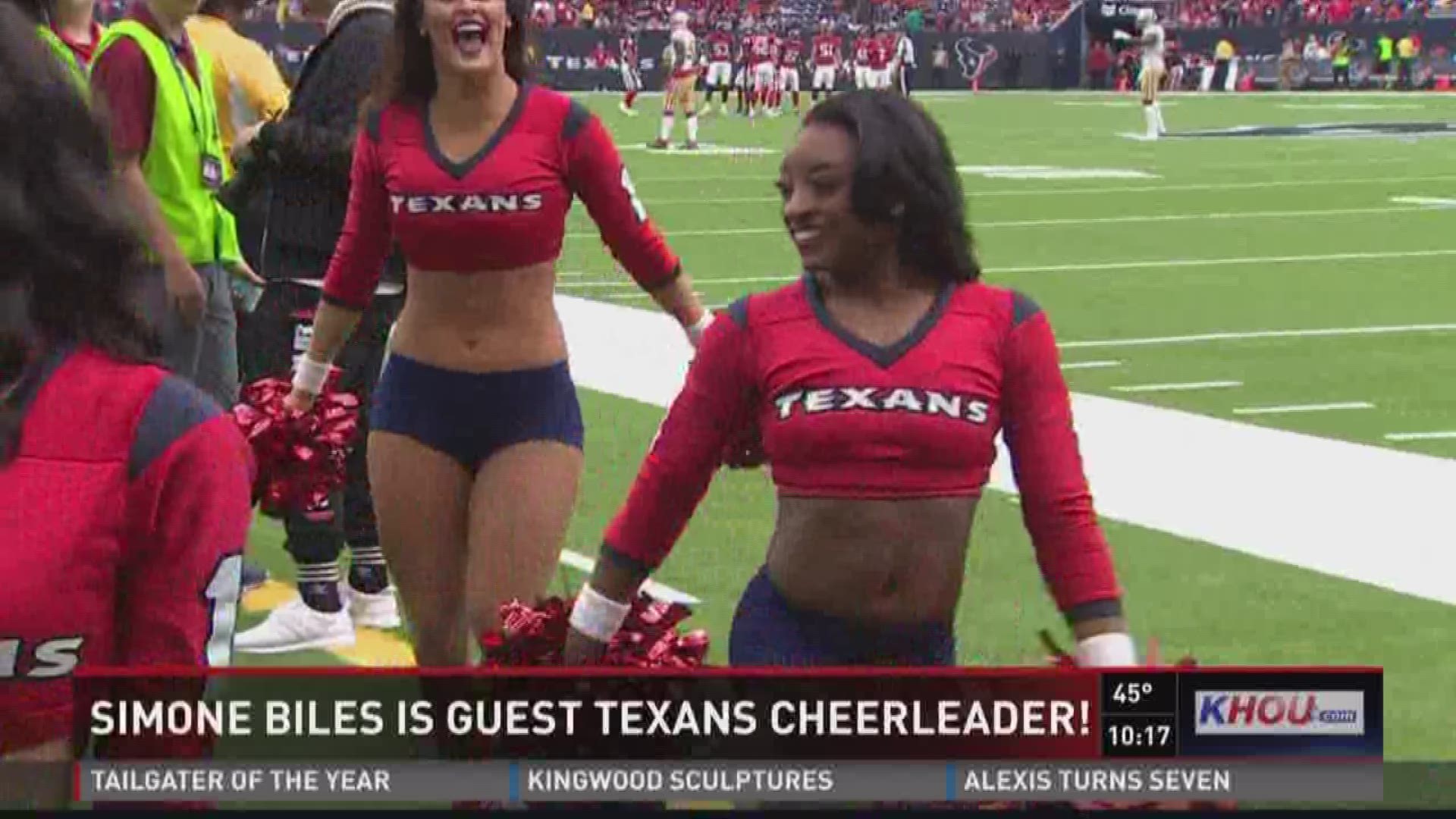 Simone Biles appears as guest Texans cheerleader