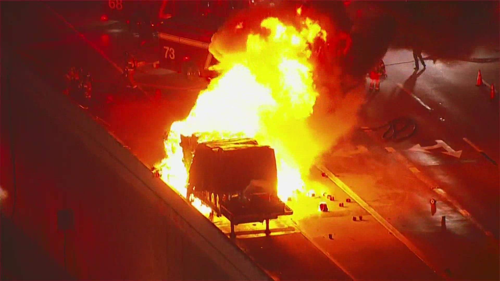 A big rig fire has traffic backed up on the Southwest Freeway heading north near the Beltway Wednesday morning.