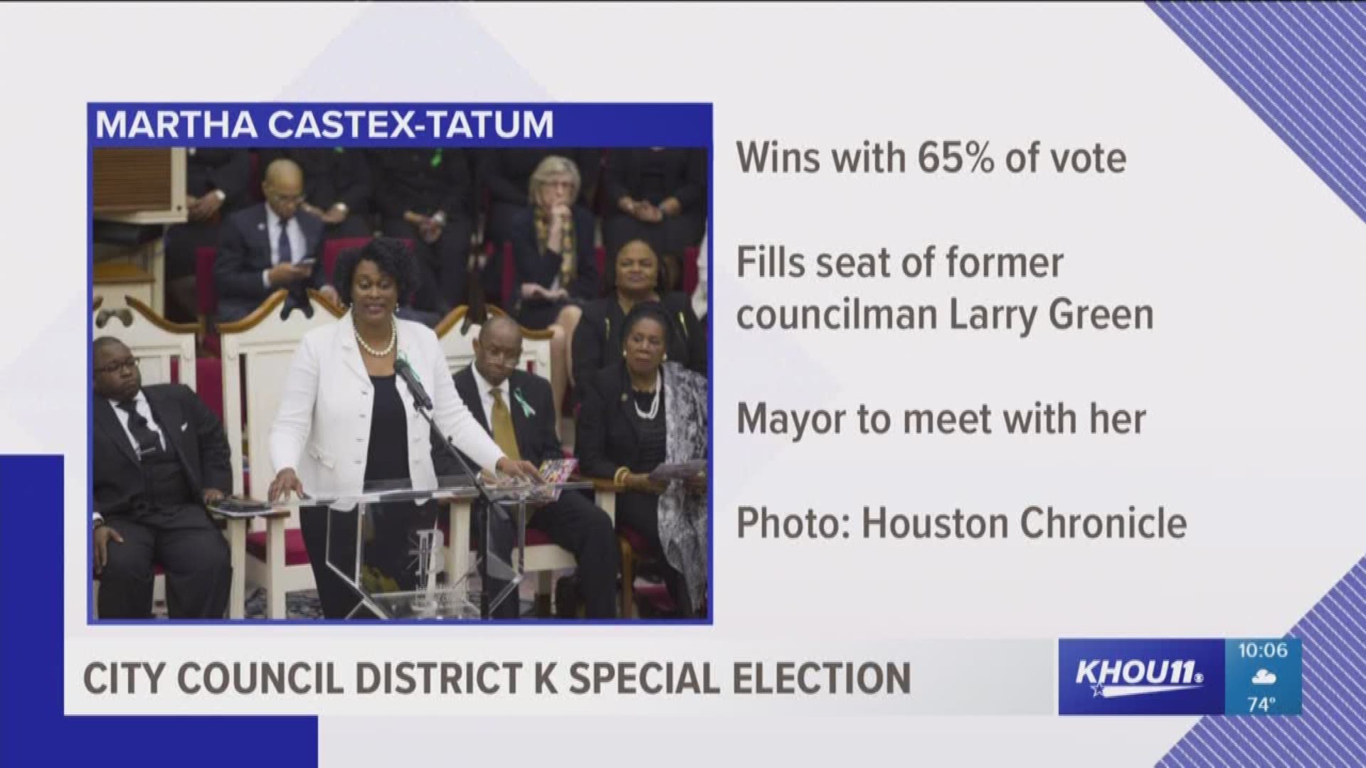 The special election deciding who fills the district seat of late Houston councilman Larry Green shows Martha Castex-Tatum taking an overwhelming victory with more than 65 percent of the vote.