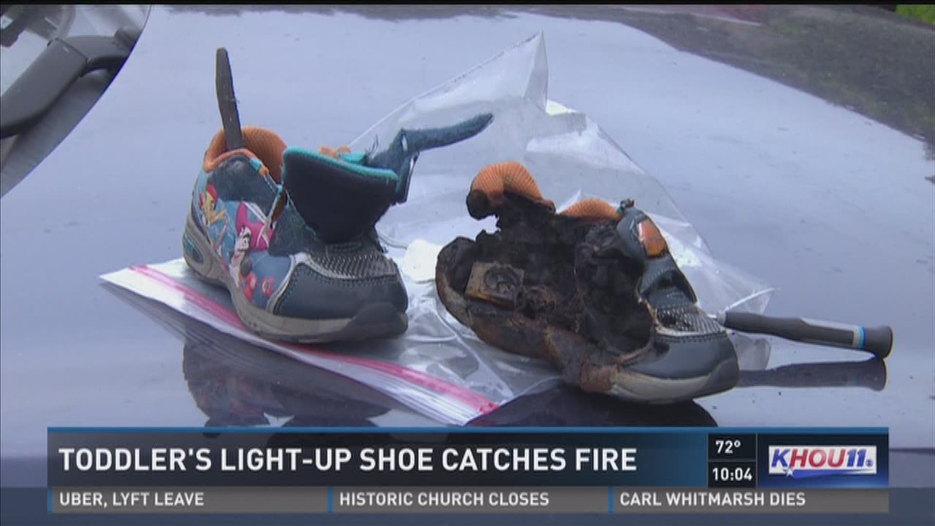 A Katy family believes their toddler's light-up shoes sparked a fire inside of their SUV. The Fire Marshall's Office is investigating and said the shoes could have been what caused the fire. The family is just thankful the toddler wasn't wearing them at t