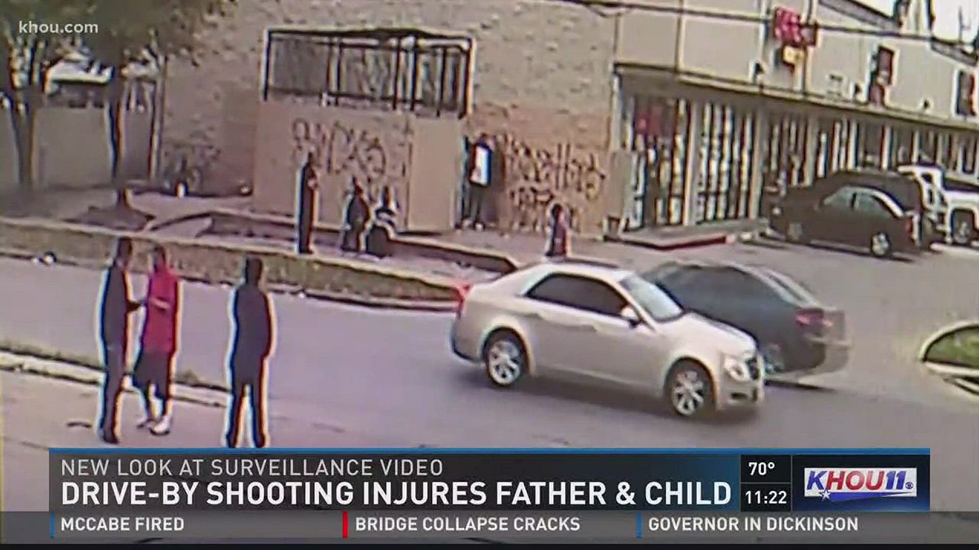 Houston Police have released the surveillance footage showing the drive by shooting that injured an innocent father and his 3 year old and left another bystander shot in the neck.