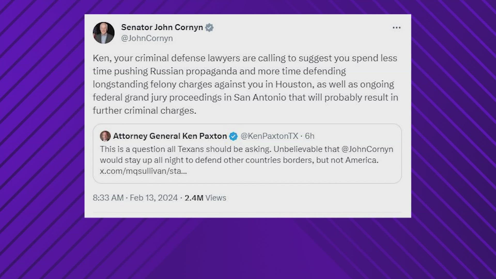 The Houston Congressman and state attorney general clashed over the Senate's passage of a $95.3 billion aid package for Ukraine, Israel and Taiwan.