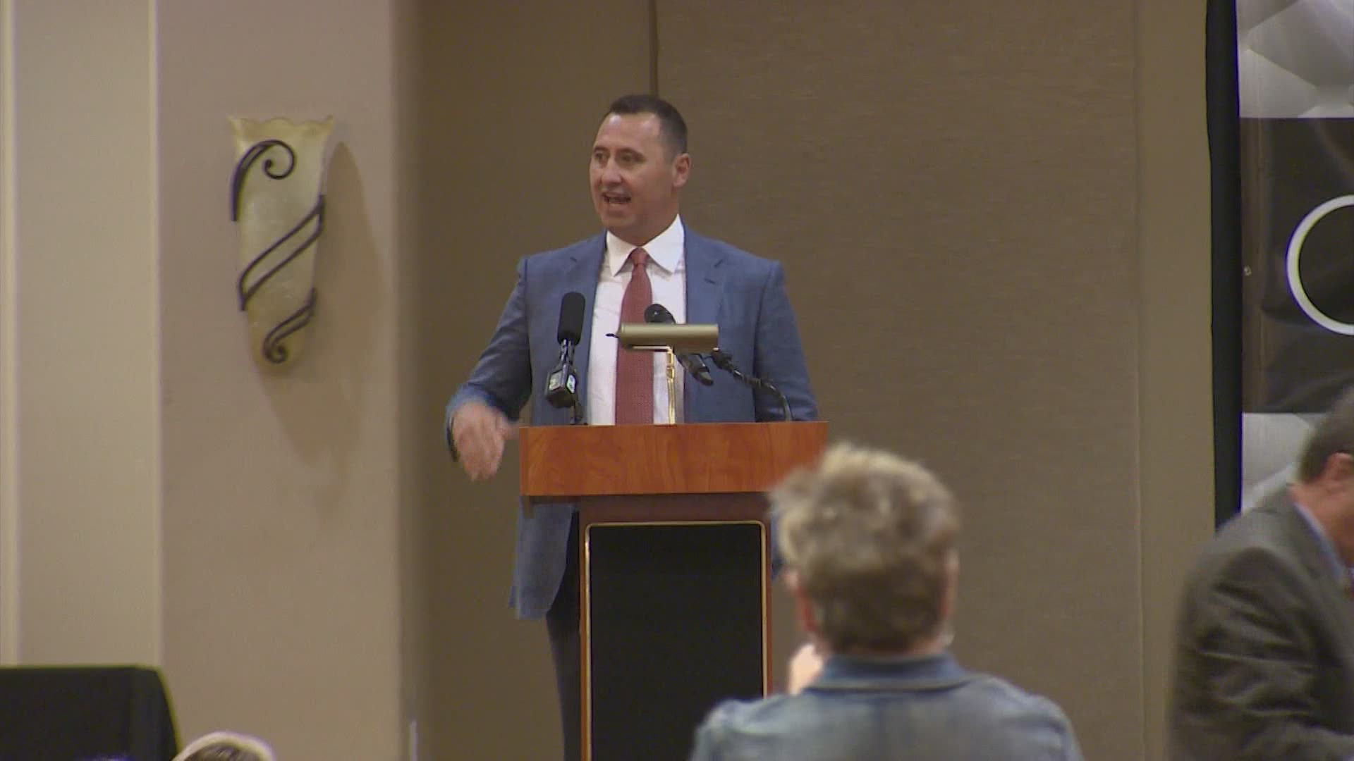 University of Texas football coach Steve Sarkisian spoke to the Touchdown Club of Houston in his first public appearance since being named the Longhorns' head coach.