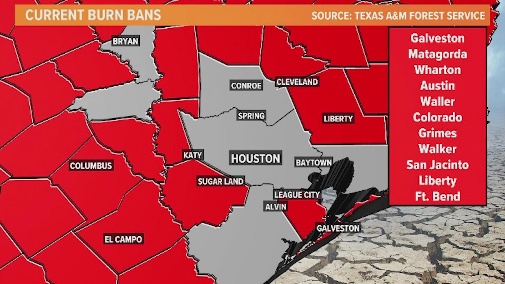 Water conservation measures have been implemented in Houston and Katy, while burn bans are in effect across the Greater Houston area.