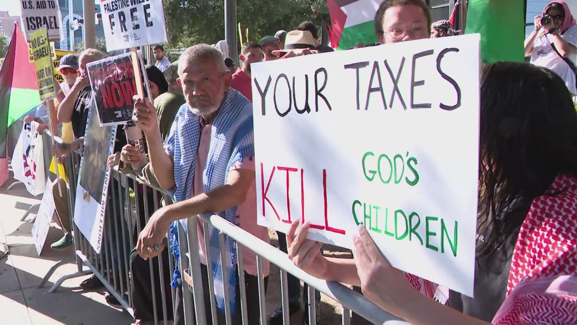 Protests in Houston were organized following escalated conflict in the Middle East.