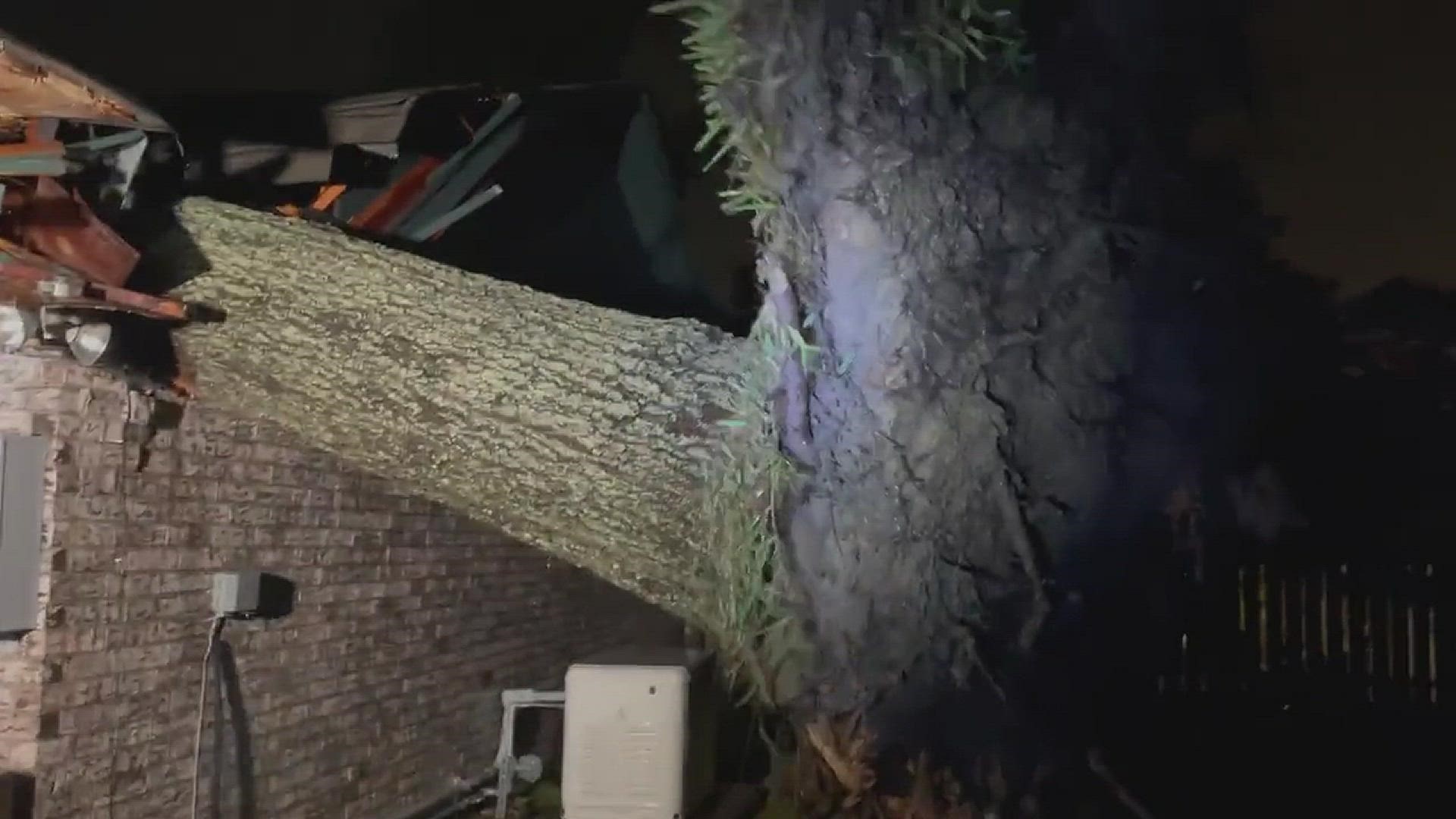 A tree falls into a Baytown woman home during Hurricane Nicholas, crushing the roof and causing rain to get inside the home.