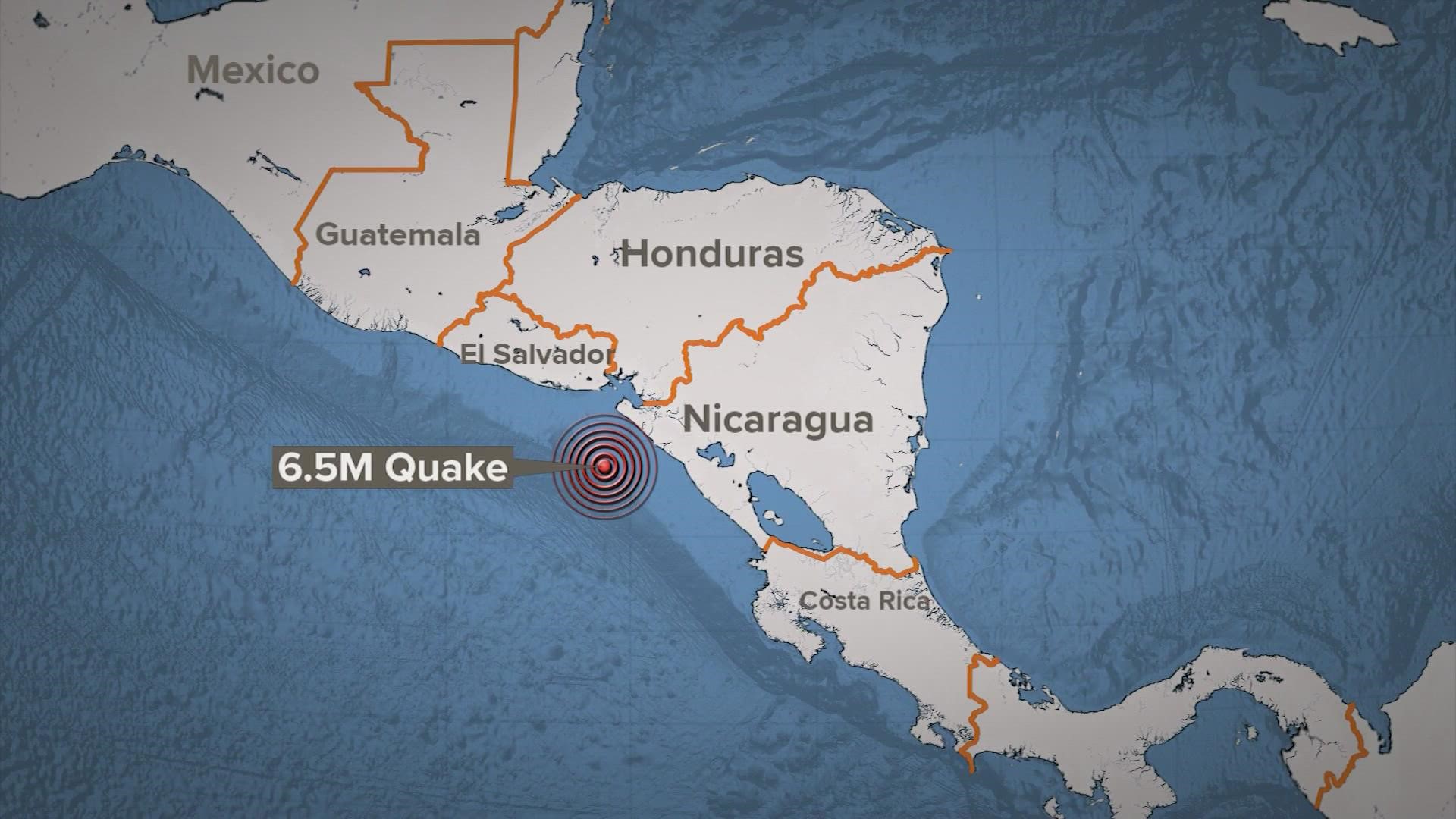 The U.S. Geological Survey says early Wednesday there has been an earthquake with a preliminary magnitude of 6.5 in the Pacific Ocean off the coast of Nicaragua.