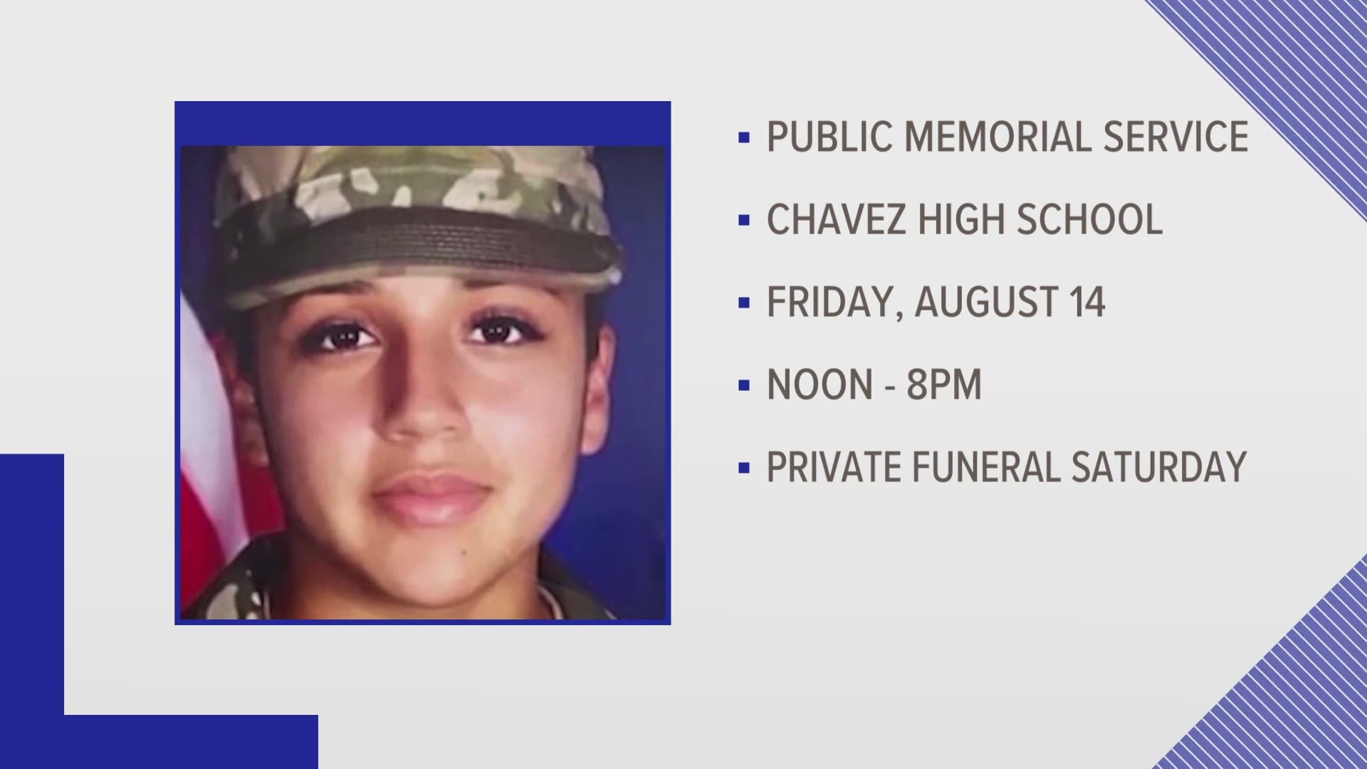 The memorial will be at Chavez High School, where Vanessa Guillen went to school. A private funeral will be held on Saturday.
