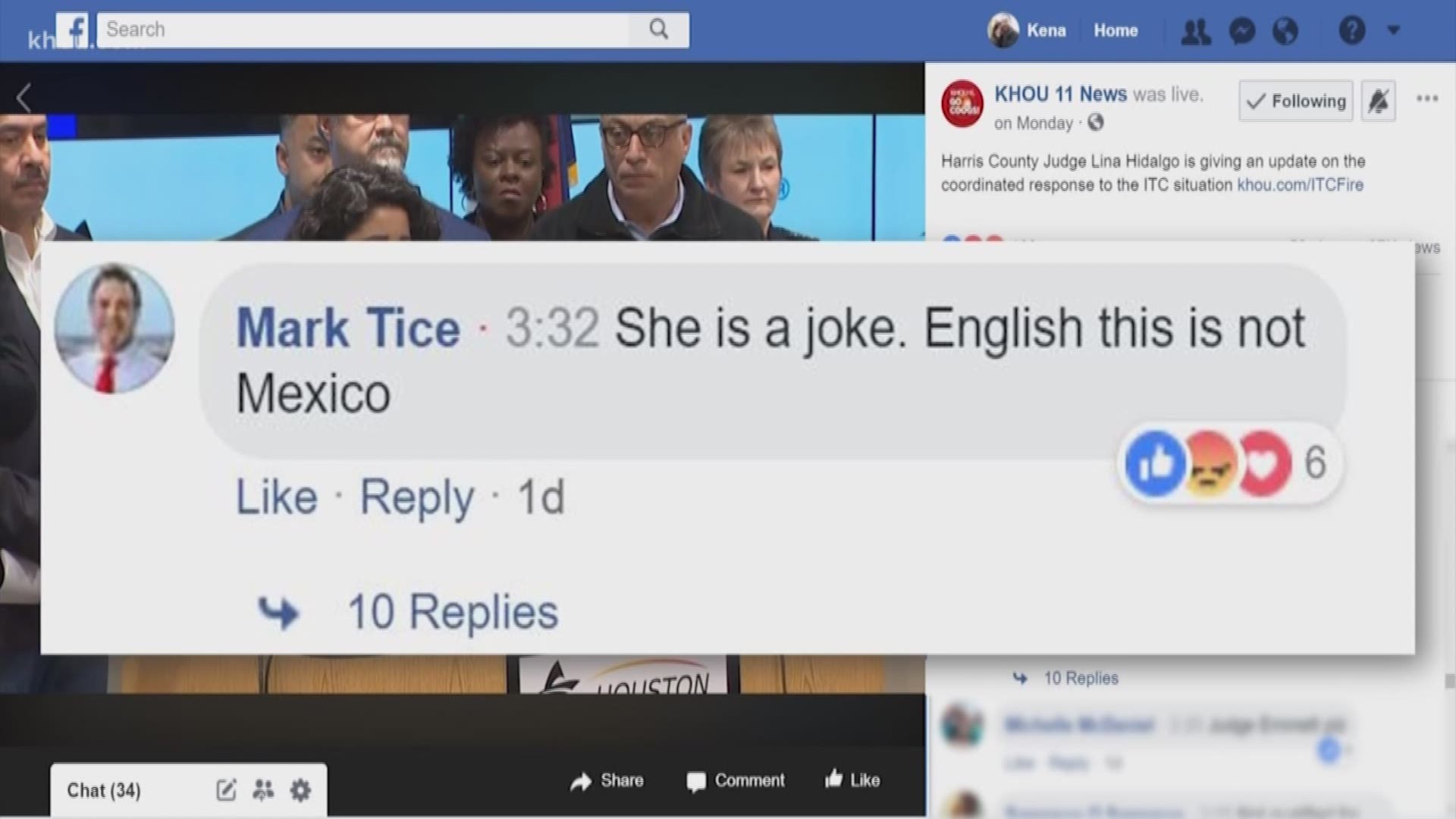 A Chambers County commissioner is under fire for comments he posted about Judge Lina Hidalgo on a KHOU 11 live stream on Monday.