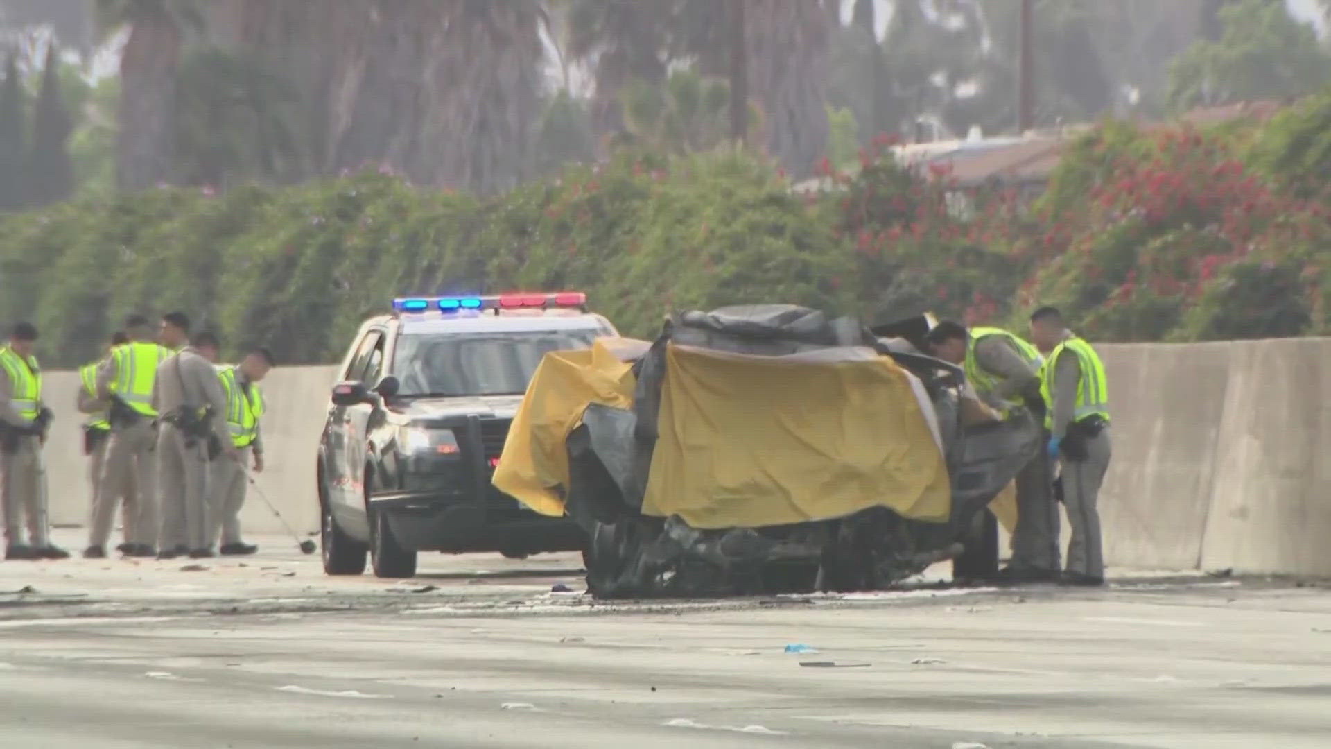 A tour bus carrying 63 people crashed into a stalled vehicle on a Los Angeles highway. The collision sparked a fire that killed the driver of the stalled vehicle.