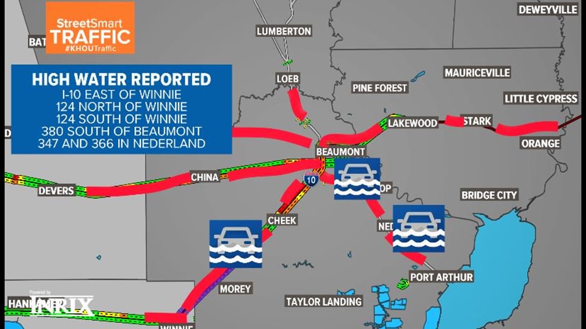 Interstate 10 closed between Winnie and Beaumont due to flooding