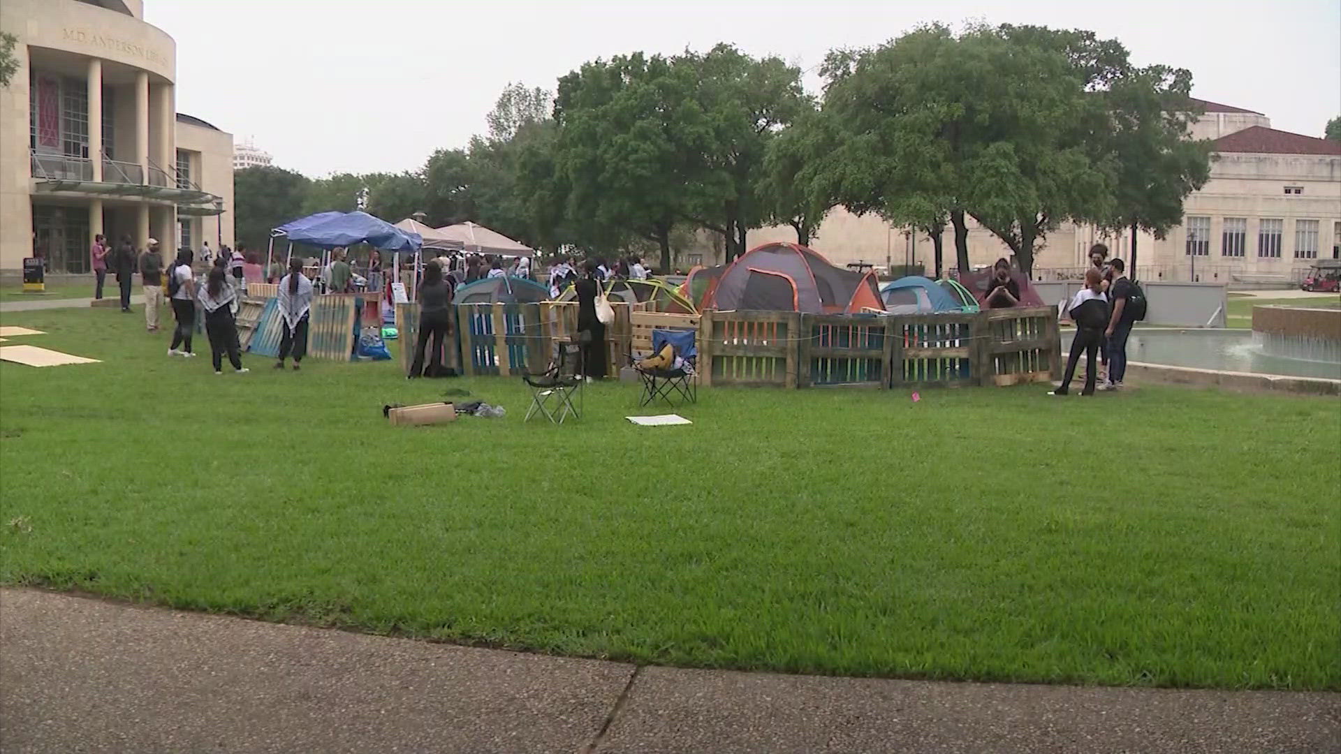 The university said the encampment was established by about 60 people overnight at Butler Plaza.