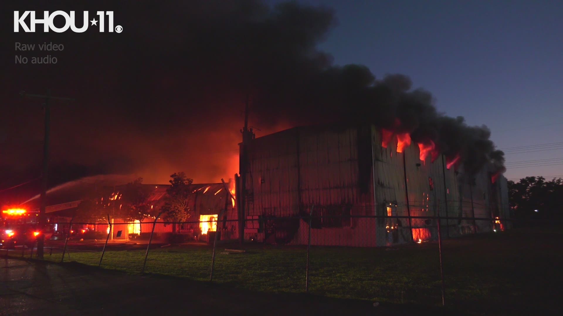A warehouse caught fire and burned into the night in northwest Houston. Firefighters were fighting the blaze at 1729 Brittmoore Road on May 26, 2020.