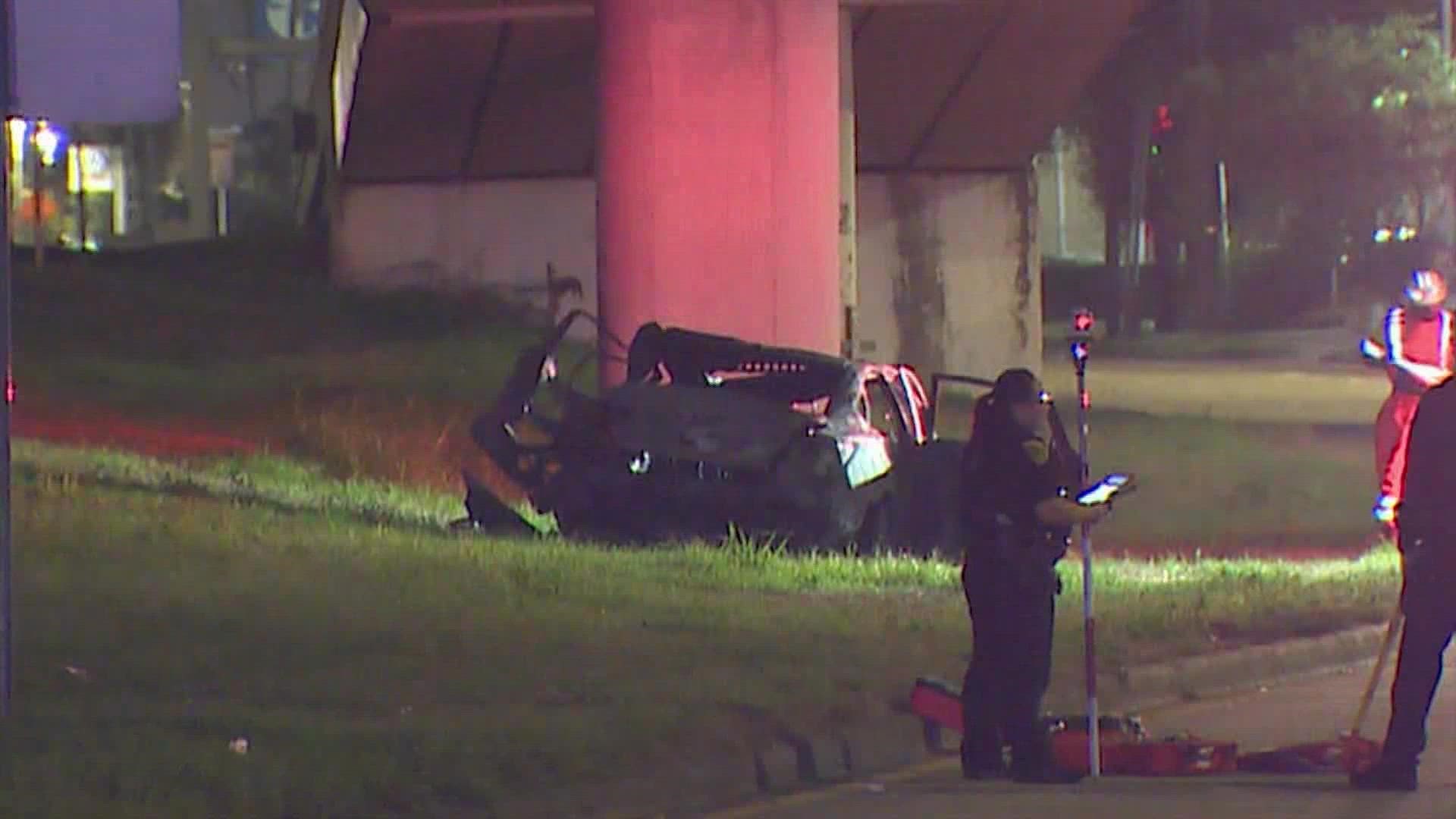 A woman is dead after a fiery, single-vehicle crash on the Gulf Freeway feeder near the Beltway. The cause of the crash is under investigation.