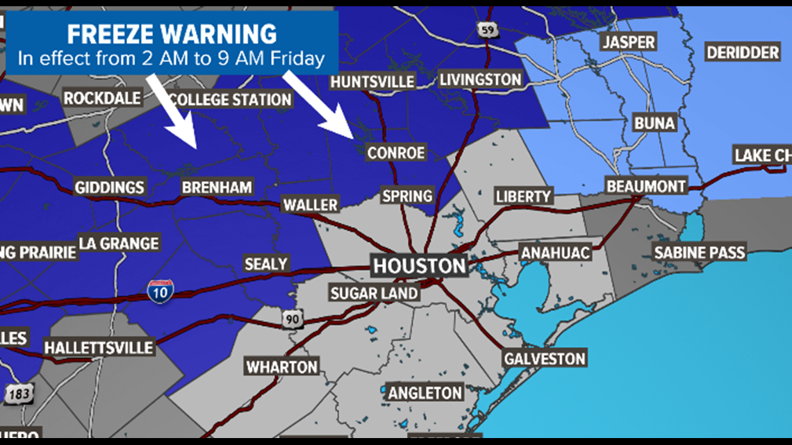 Freeze Warning in effect tonight for counties NW of Houston