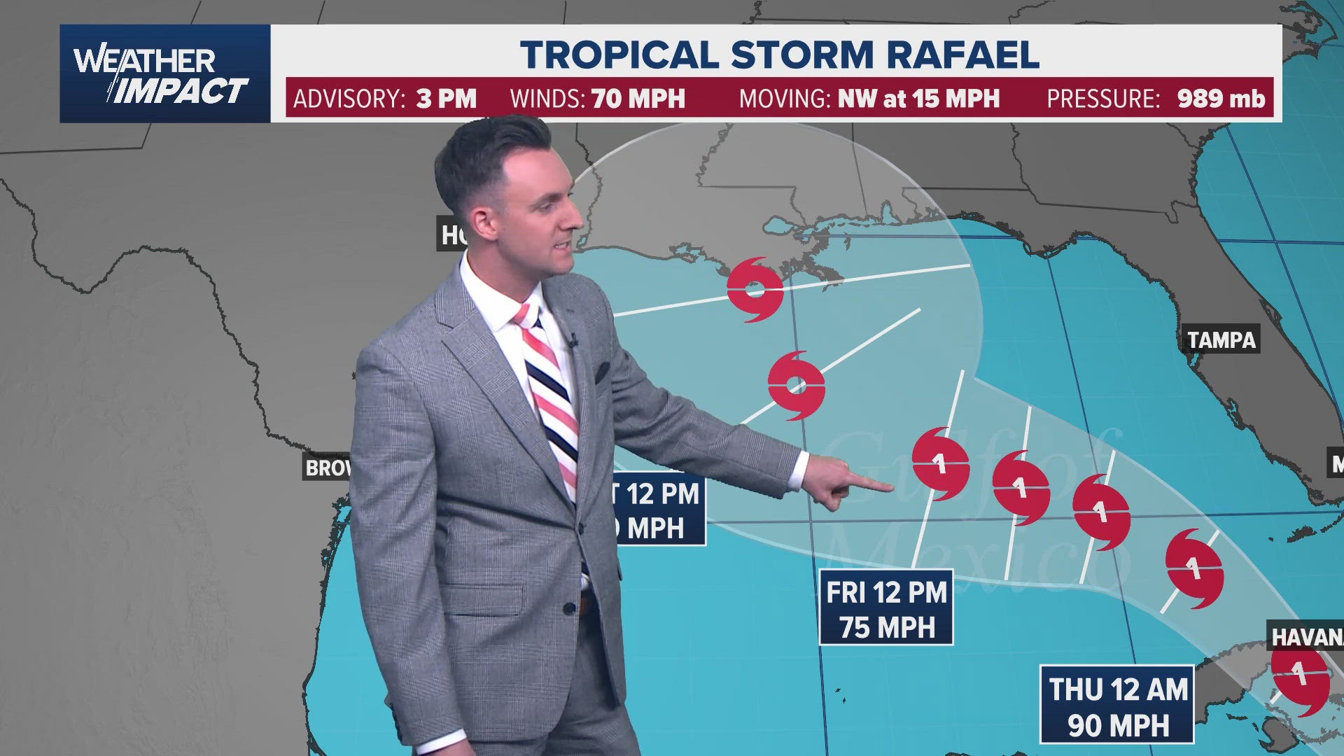 Tropical Storm Rafael is expected to strengthen into a hurricane, but will return to tropical storm strength before impacting the U.S.