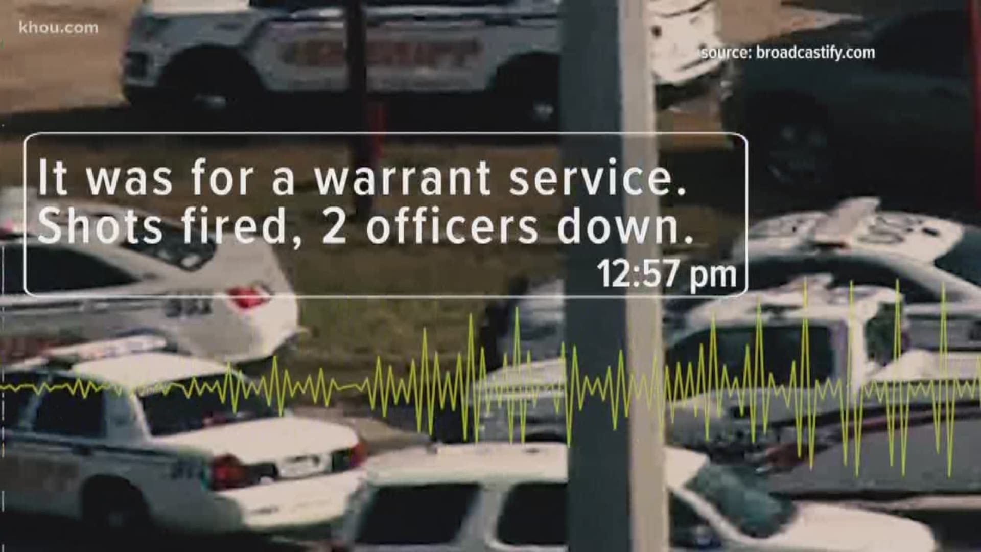 Three officers were shot in northeast Harris County while trying to serve a warrant. Police scanners reveal the tense moments when the officers were shot and called for help.