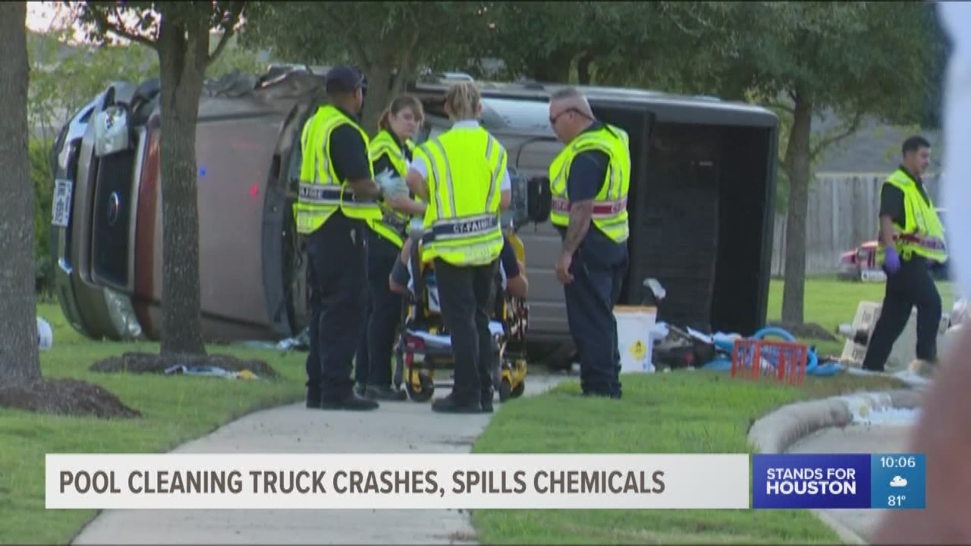 Firefighters had to wash down a street in Cy-Fair this evening after a pickup rolled over slinging chlorine and acid on to the street.