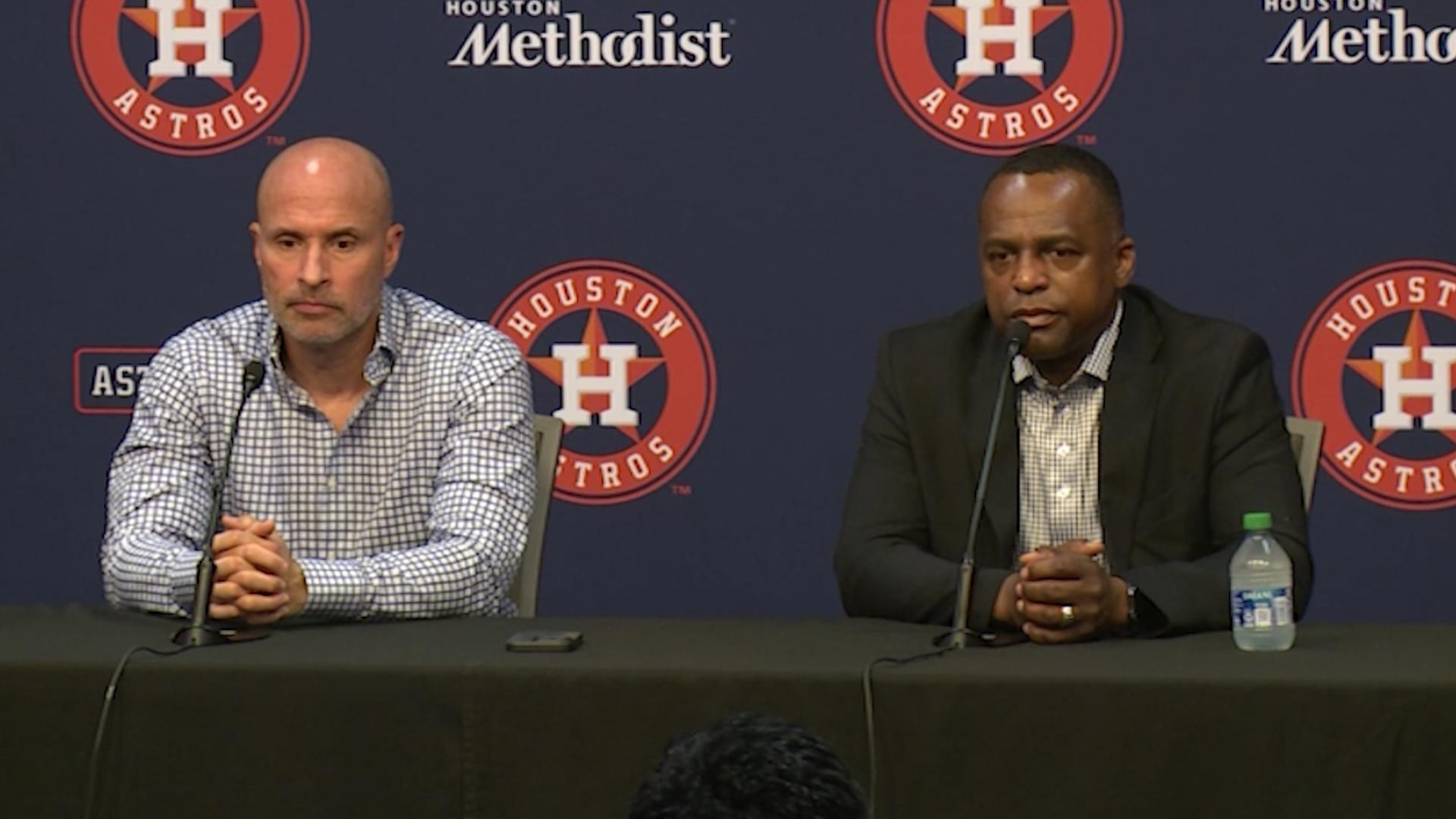 Following the Astros’ exit from the 2024 postseason, manager Joe Espada and general manager Dana Brown address the media during an end-of-season news conference.