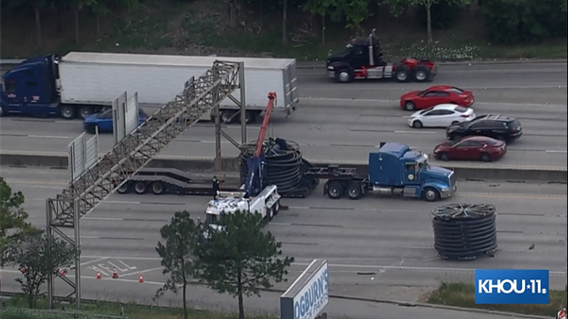 A massive spool fell off a big rig on Friday, April 26, 2024, causing the complete closure of the East Freeway just inside the Loop.