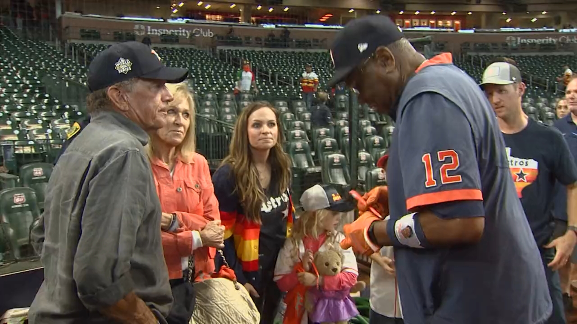 The country music legend also shared a moment with Astros manager Dusty Baker. The two chatted for a bit as the skipper signed an autograph for Strait’s family.