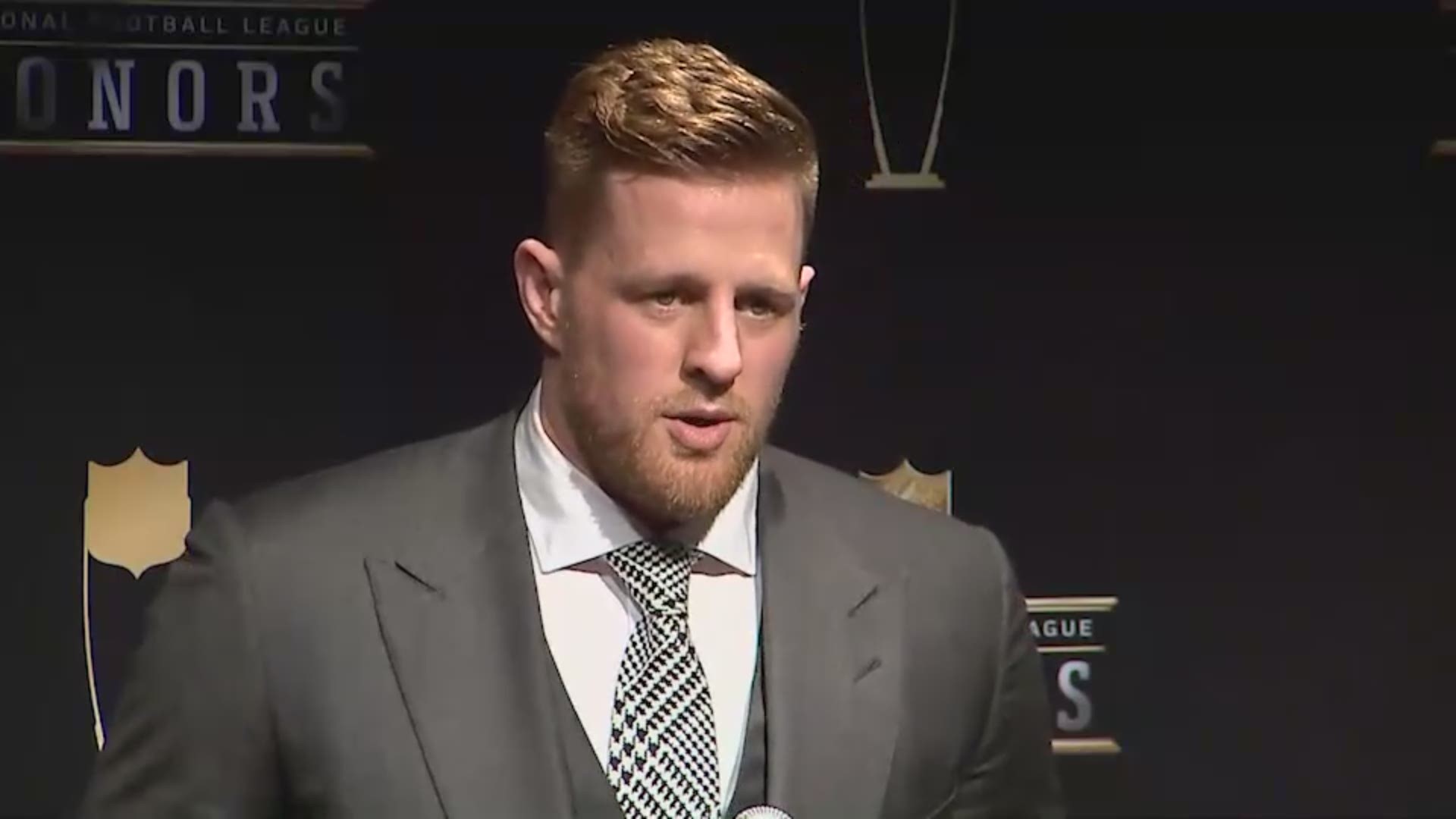 Houston Texans star JJ Watt gave an acceptance speech after winning the Walter Payton Man of the Year Award at the NFL Honors Saturday night.