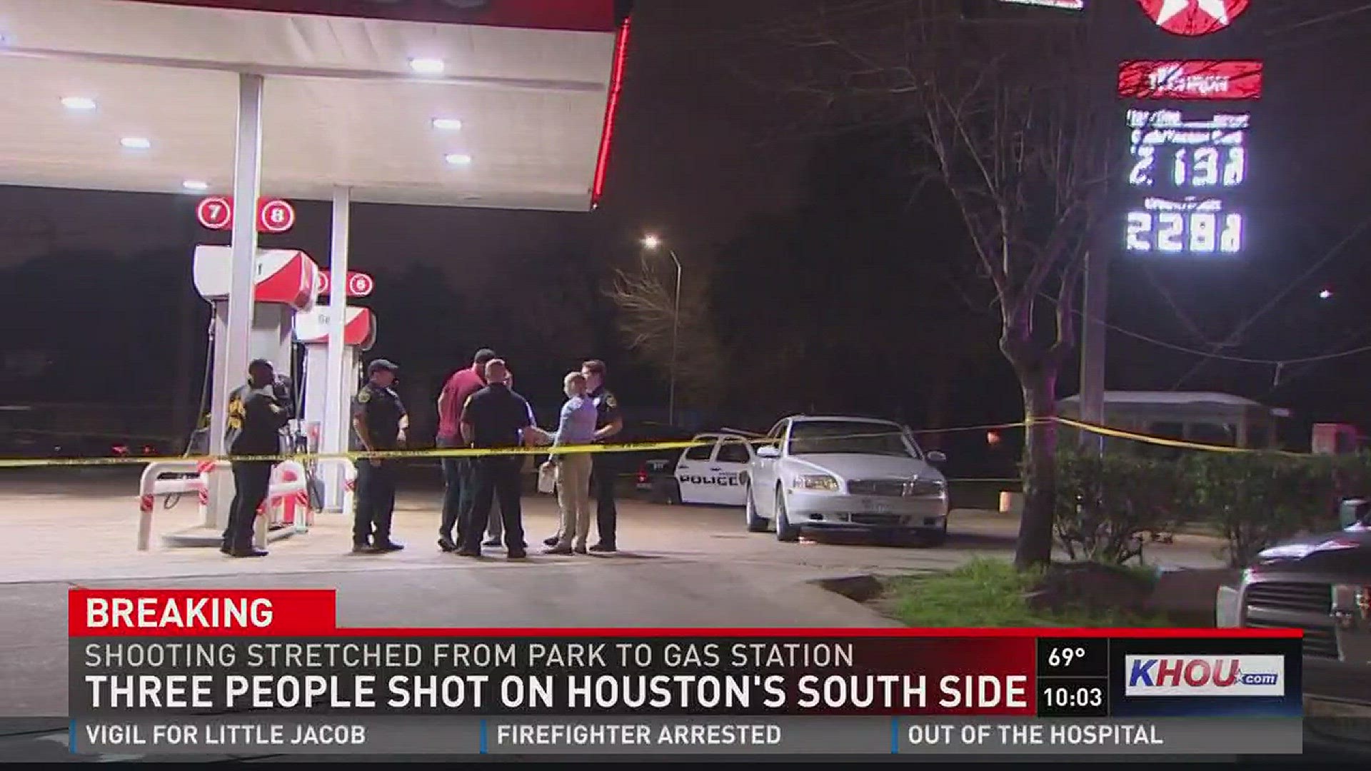 Three people were injured in a drive-by shooting that stretched from Sunnyside Park to a nearby gas station.