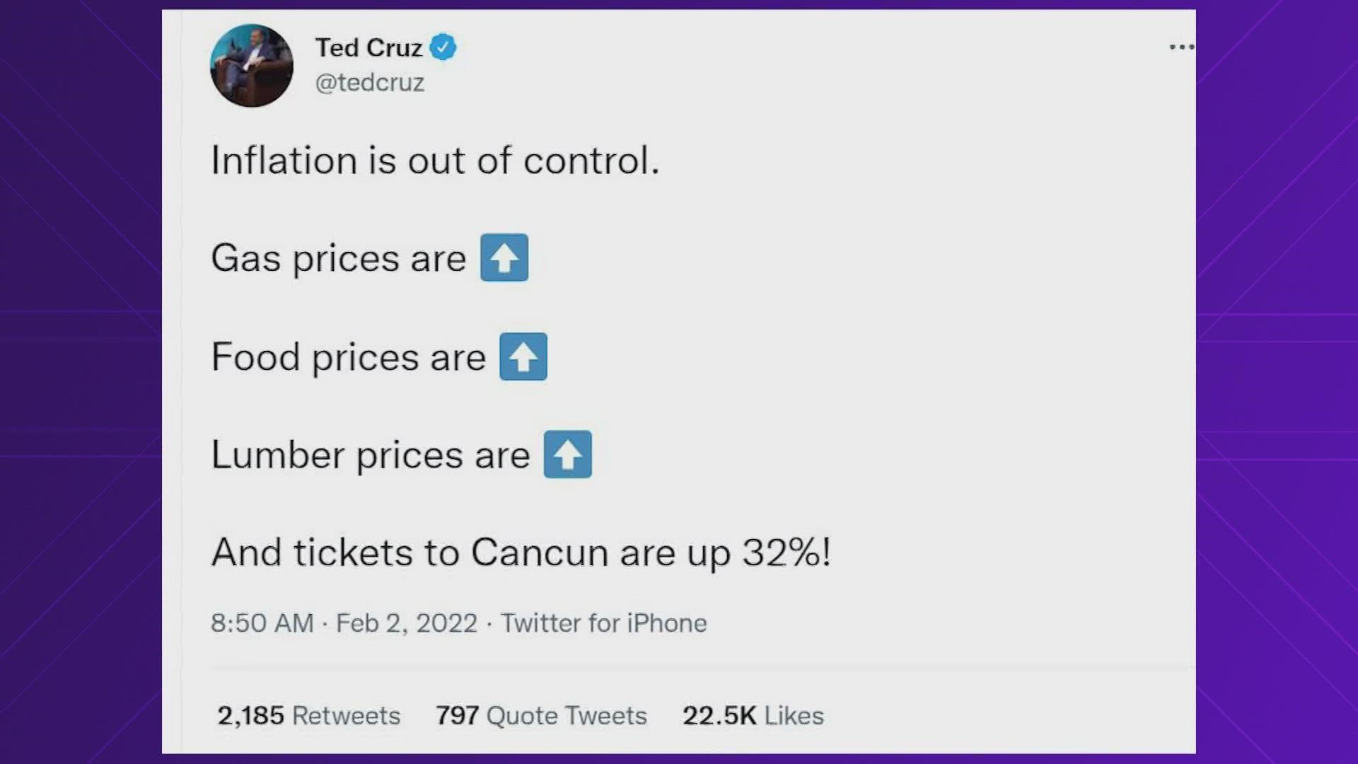 Sen Ted Cruz Makes Light Of Inflation And His Trip To Cancun During Last Year S Freeze Khou Com