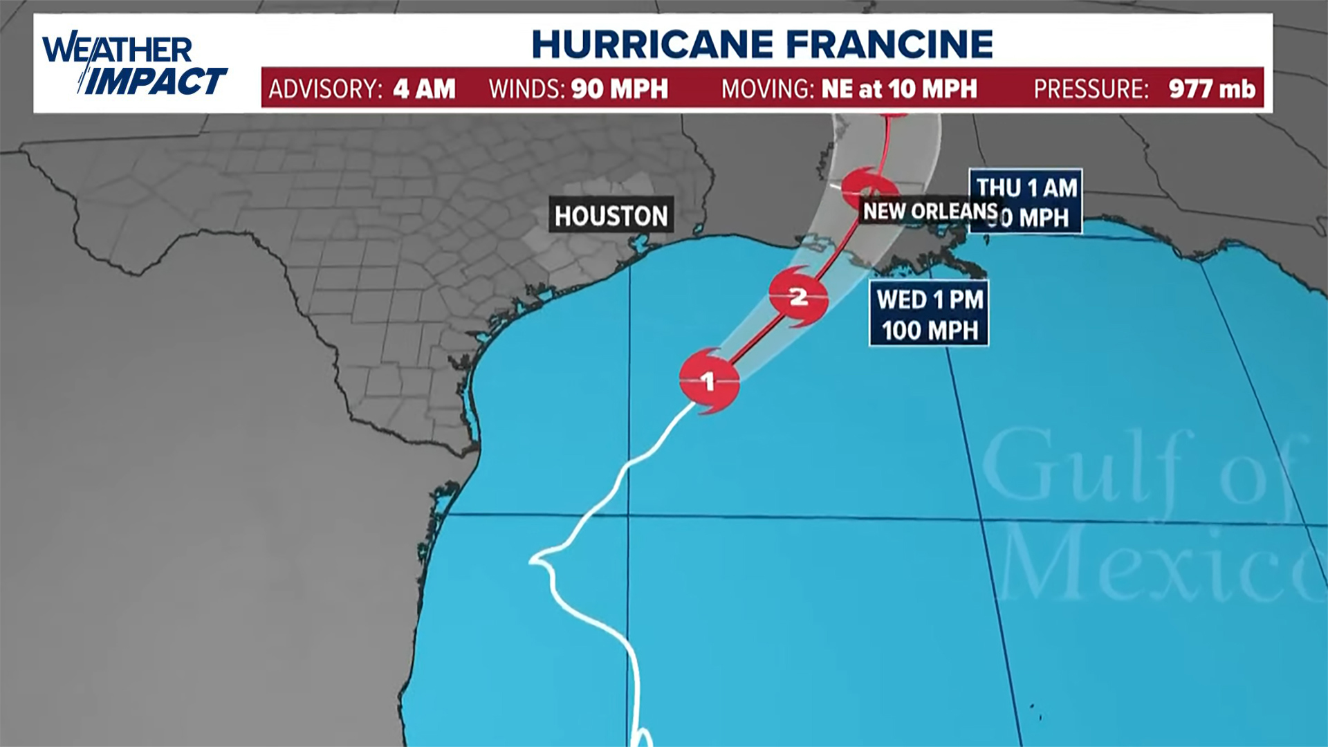 This is the latest track of Category 1 Hurricane Francine as it approaches the Louisiana coast.