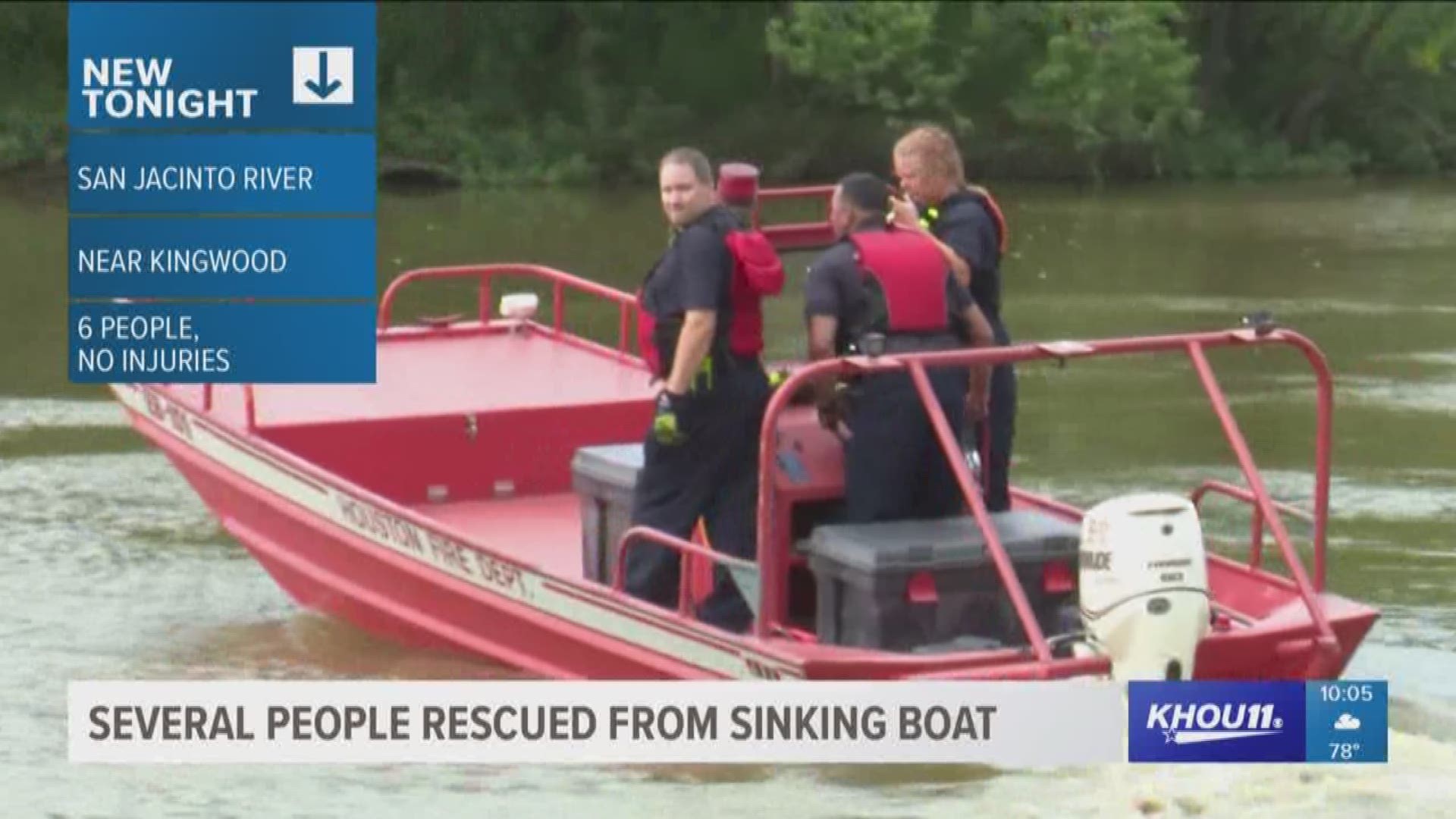Six people had to be rescued in the San Jacinto River after their boat hit a stump and started taking on water. They managed to swim to a nearby sandbar where another boater picked them up. 
