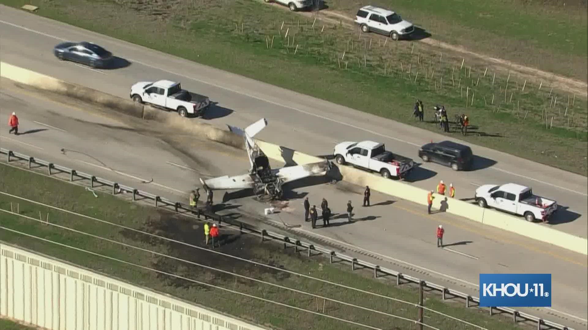 Authorities with the Texas Department of Public Safety gave an update after a plane crashed on the Grand Parkway on Sunday, Jan. 22, 2023.
