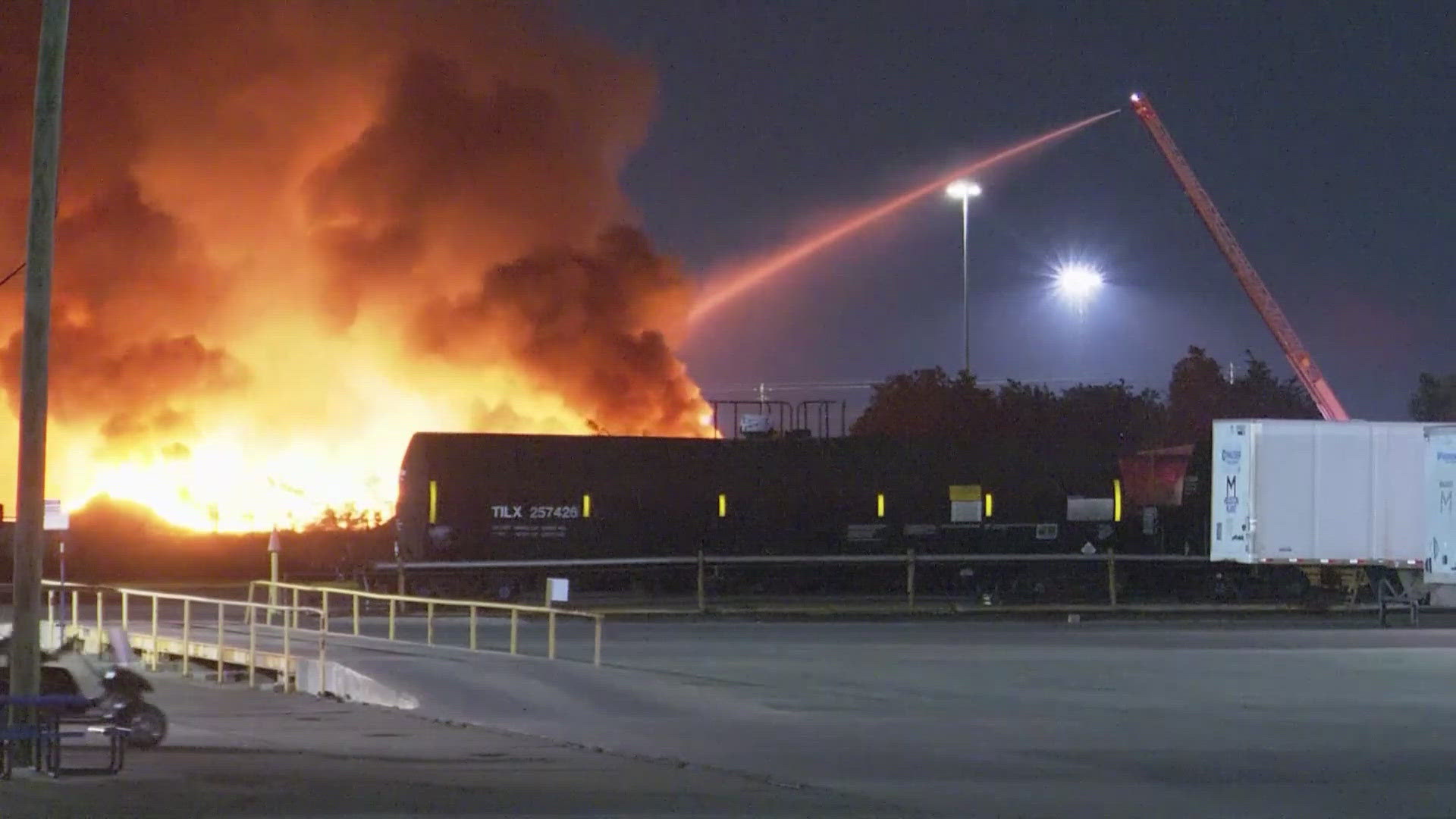 A huge fire is still burning at a recycling facility in northeast Houston. The fire first broke out at the recycling facility on Wallisville Road around 11 p.m.