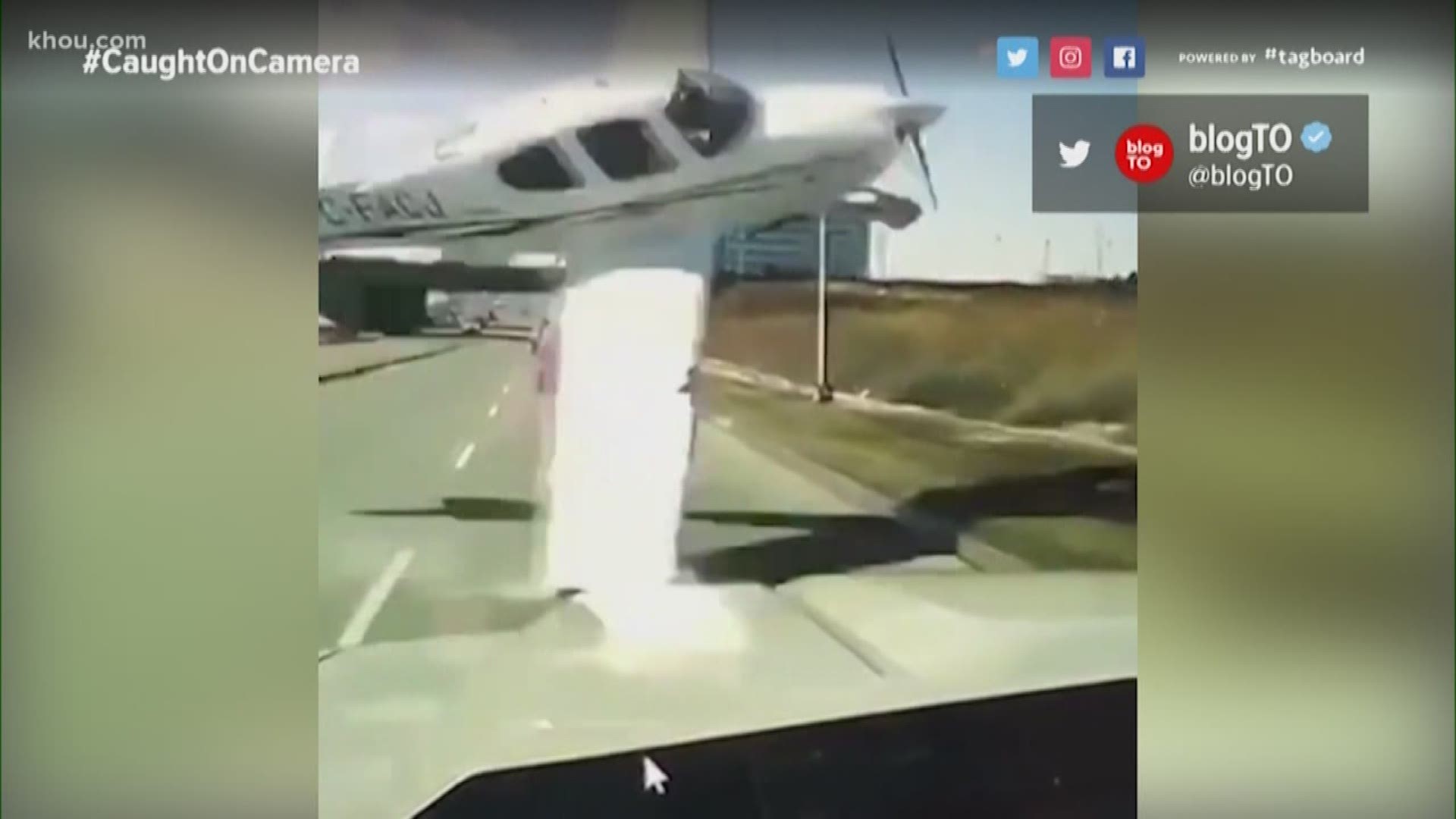 Caught on camera: An airplane narrowly missed hitting cars on a highway near Toronto.