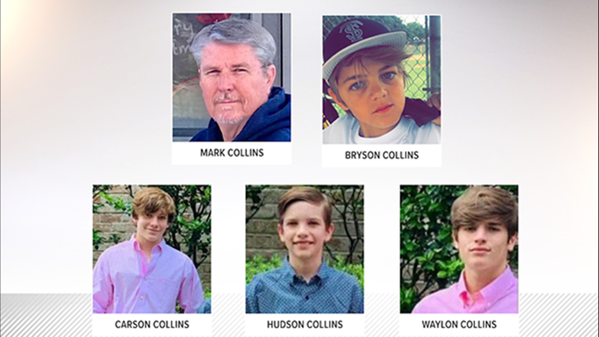 66-year-old Mark Collins and his four grandsons -- Brothers, 18-year-old Waylon, 16-year-old Carson and 11-year-old Hudson and cousin Bryson, 11, were killed.