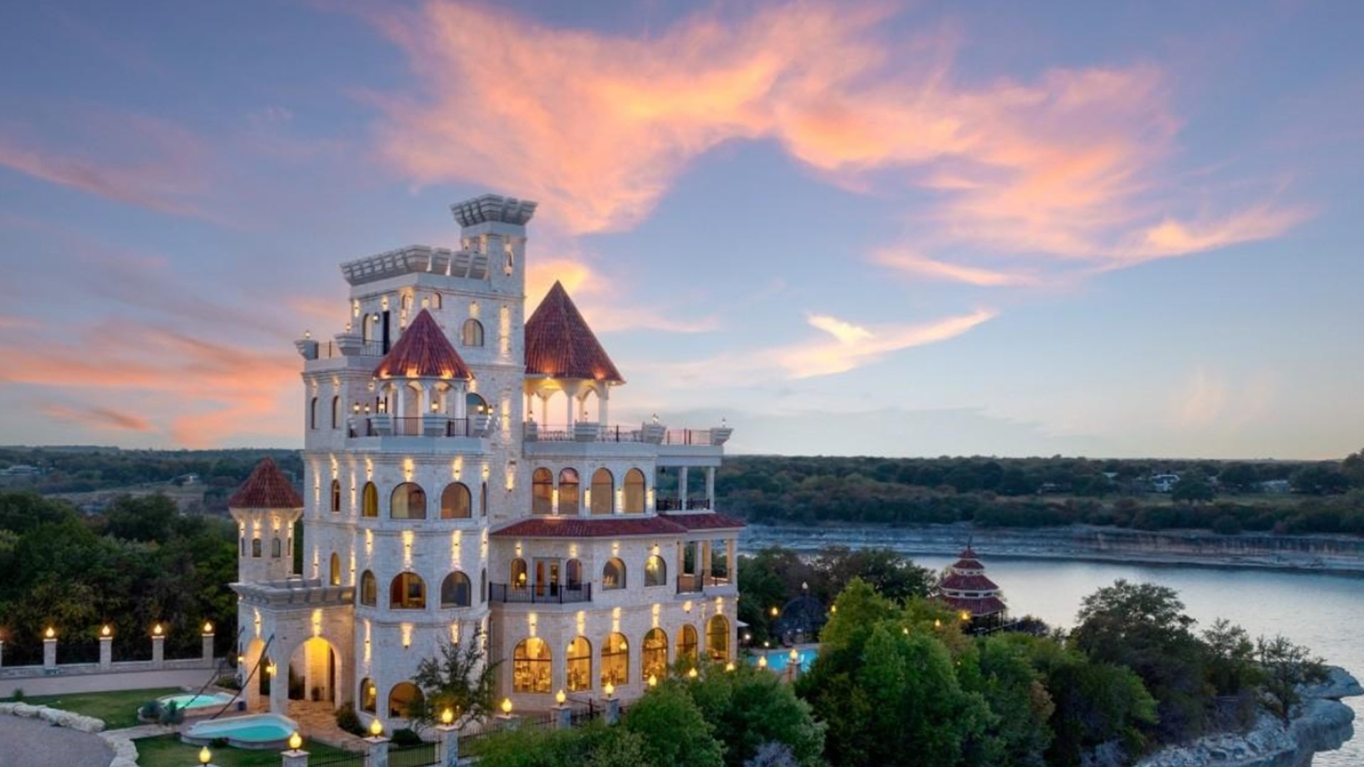 The enchanting 11,000+-square-foot Parsons Castle sits on a cliffside on Lake Whitney. It has 10 bedrooms, 15 baths and amenities perfect for big events.