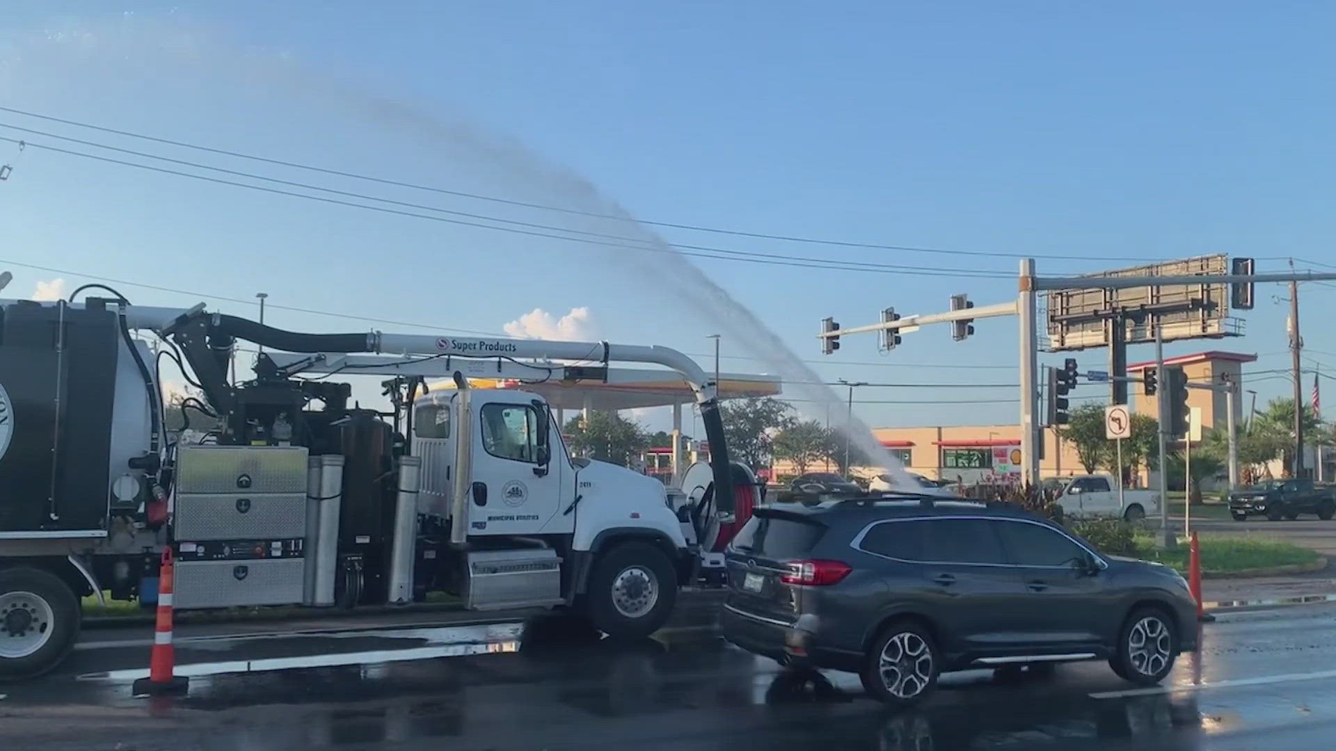 A water main break led to the closure of the frontage road along the Gulf Freeway in Galveston Wednesday morning.