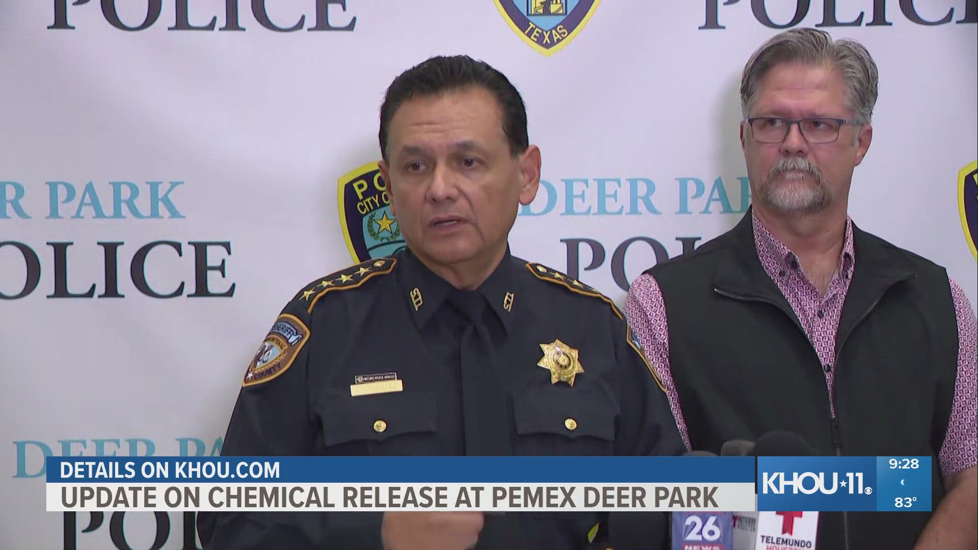 Sheriff Ed Gonzalez and Deer Park Mayor Jerry Mouton Jr. answer questions and provide information on a chemical release at the PEMEX facility in Deer Park.