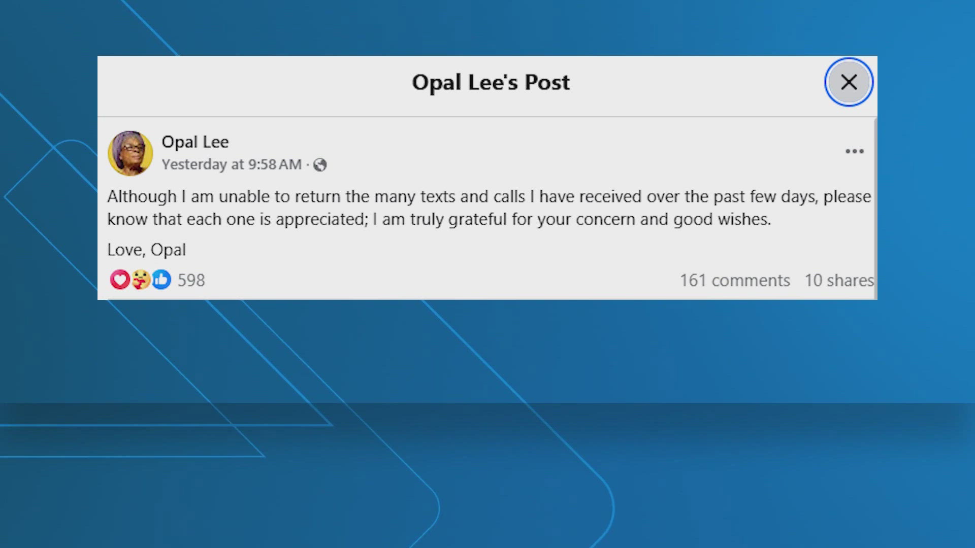 Opal Lee was hospitalized, but her family said she was doing well. She got the nickname in her efforts to make Juneteenth a national holiday.