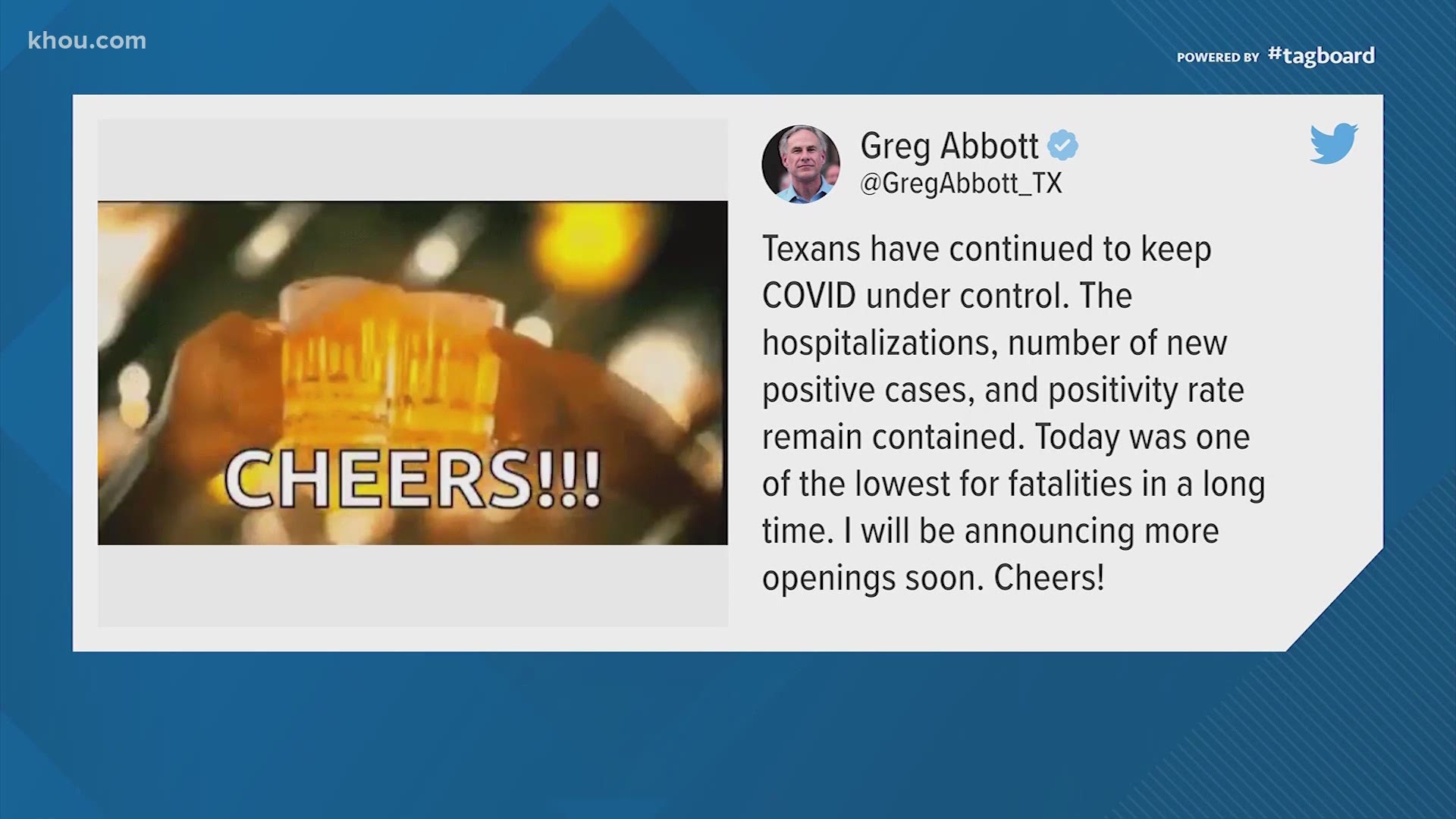 Gov. Greg Abbott tweeted a picture of two hands holding beer mugs saying he'd be announcing more openings soon.
