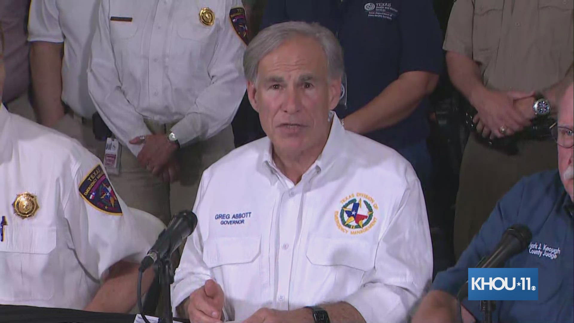 The governor was in Conroe on Monday to assess the damage from flooding around the Houston area.