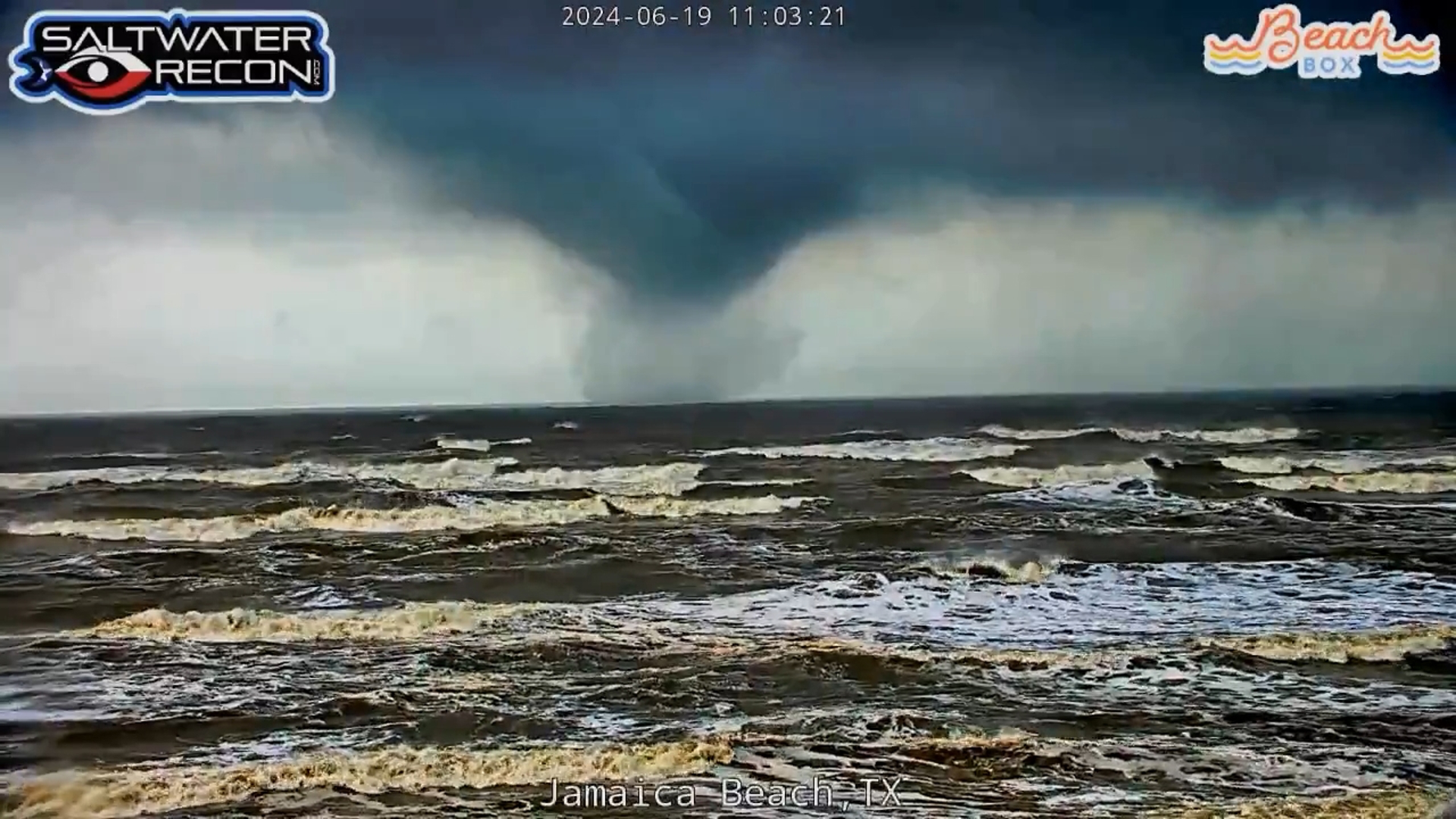 What appears to be a waterspout was caught on camera Wednesday morning by Saltwater Recon as storms moved through near Jamaica Beach.