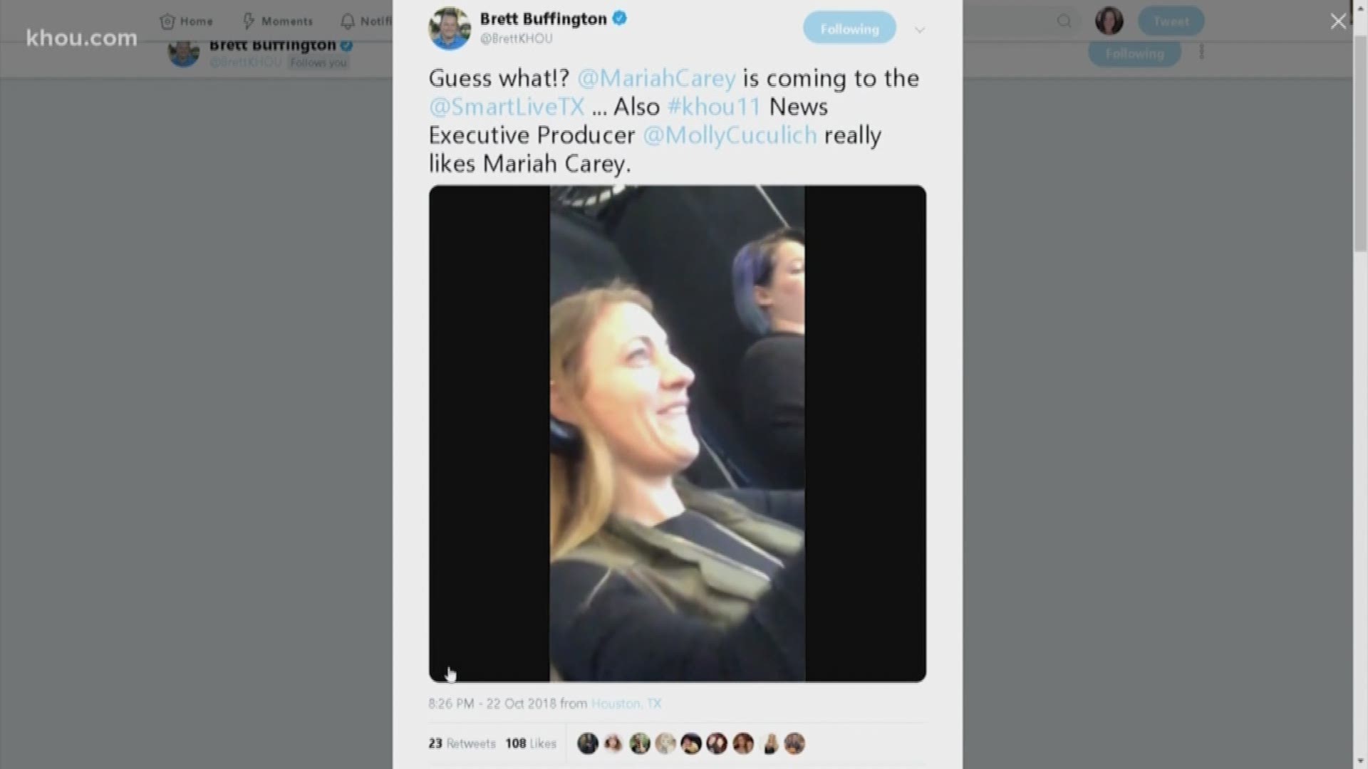 Monday night we shared the news that Mariah Carey was stopping in Houston for her upcoming tour. KHOU 11 Reporter Brett Buffington caught Executive Producer Molly Baker's reaction to the news and posted it on Twitter. Soon afterwards, the international singer retweeted Buffington's post.