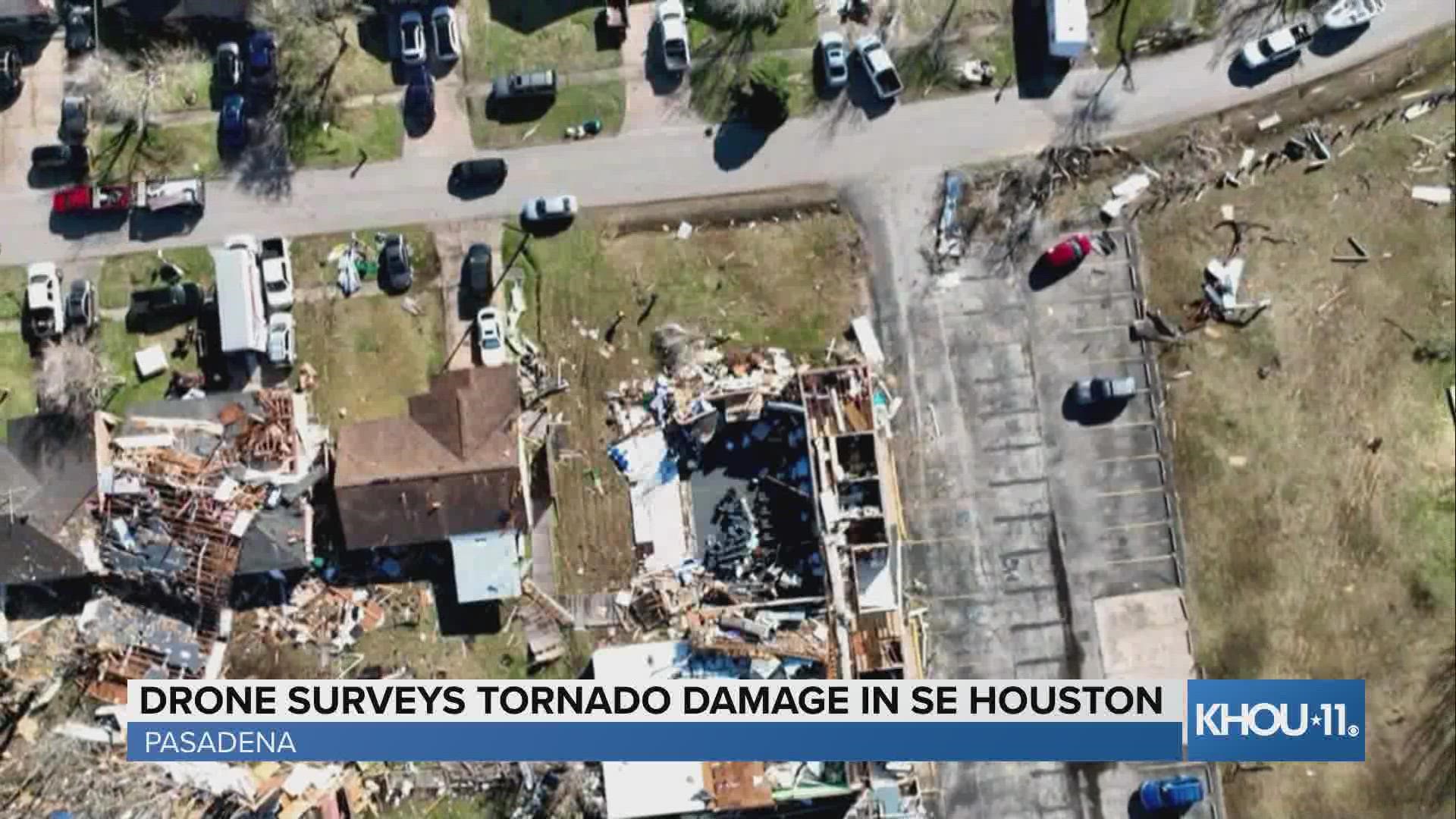 Drone 11 flies over Pasadena, Texas to check out the damage from strong storms a day earlier.