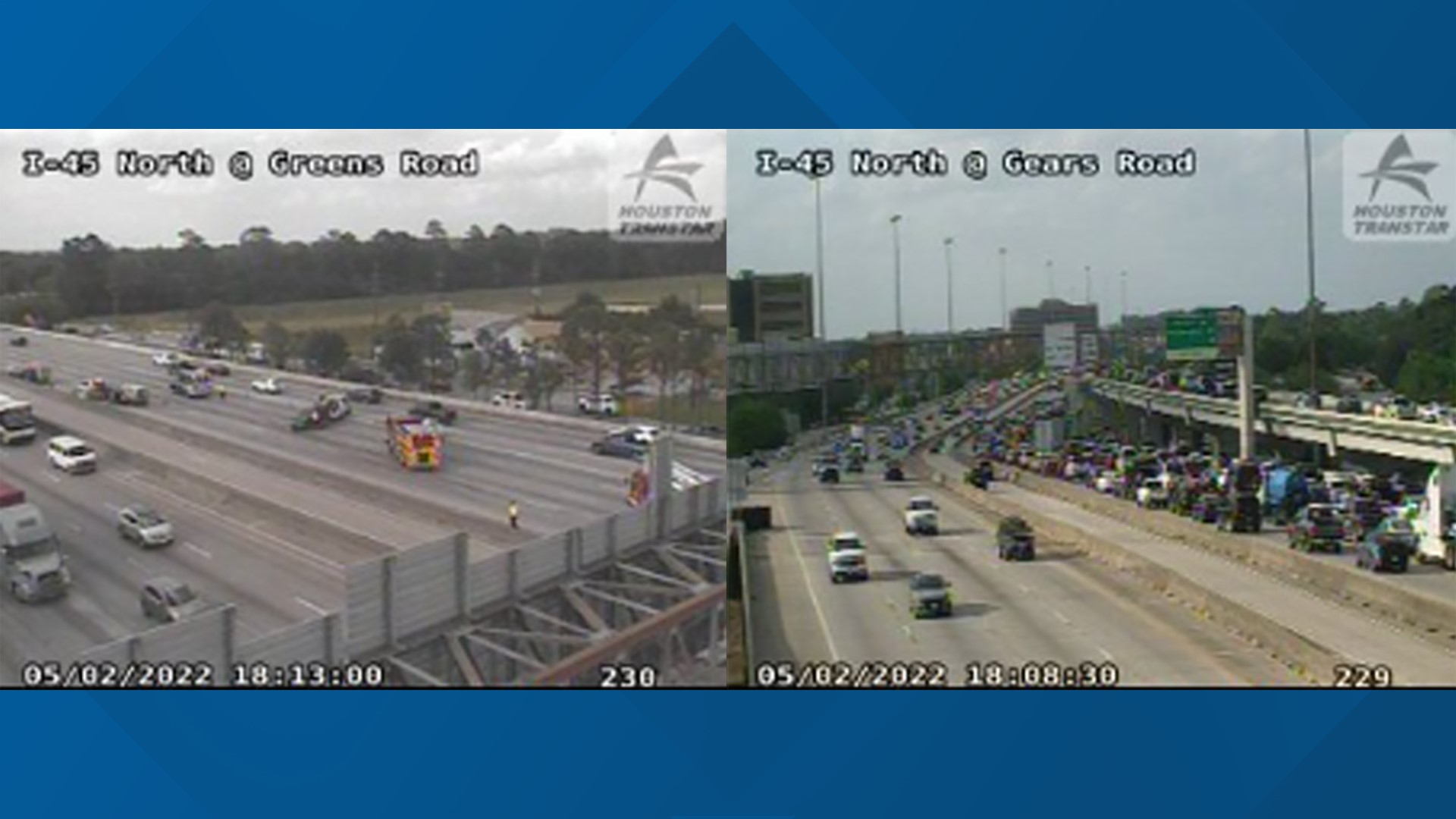 Houston, Texas traffic North Freeway closed near Greens Road