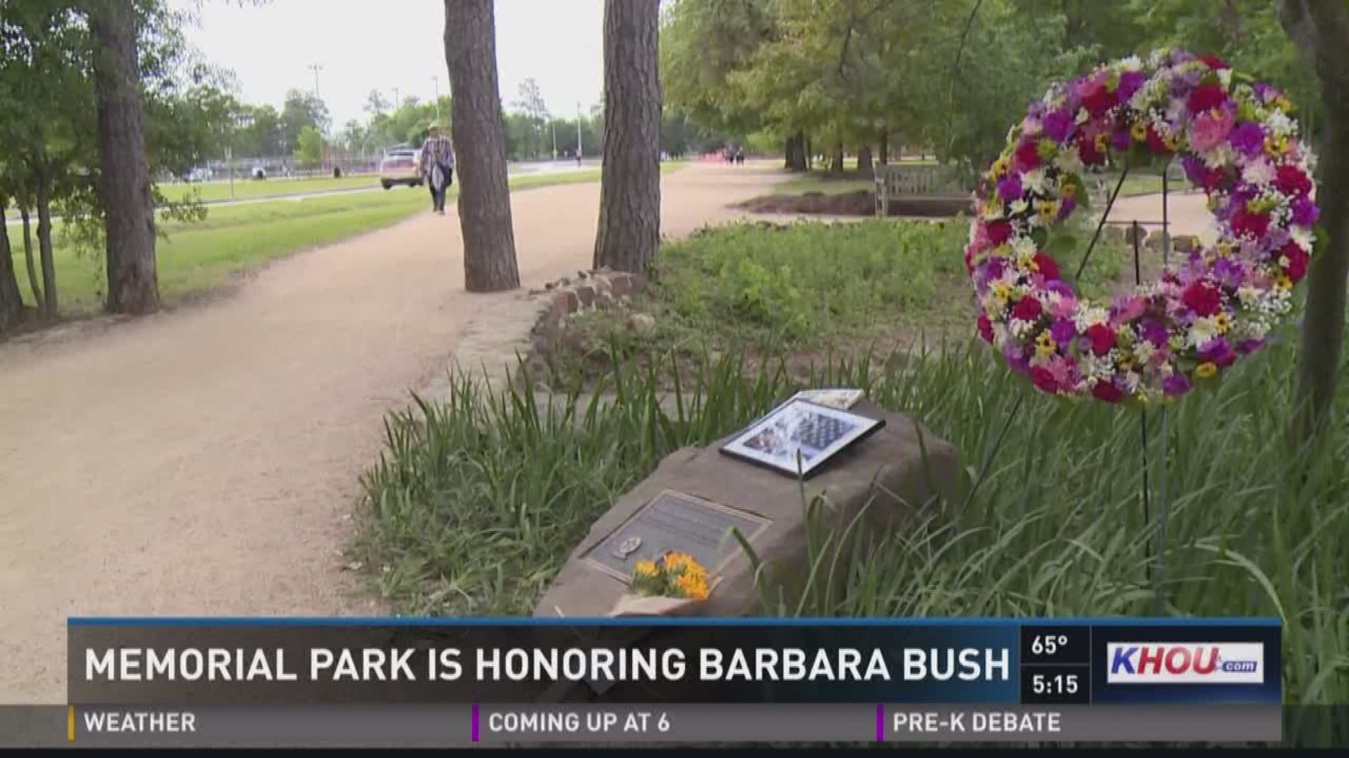 Memorial Park in Houston is honoring former First Lady Barbara Bush with a wreath of flowers in the Bush Grove next to the golf course in the park. 