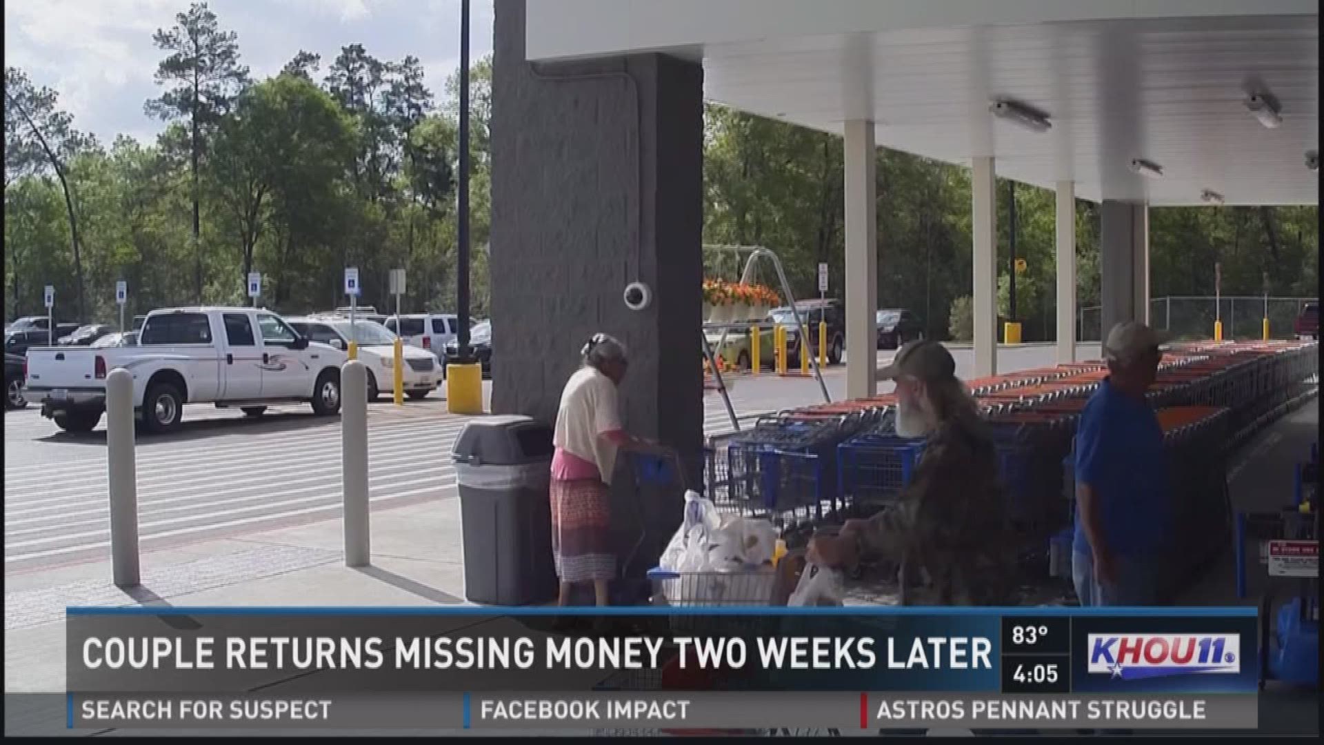 A couple caught on surveillance video is no longer wanted by the Montgomery County Sheriff's Office because officials say the elderly pair returned the money they took from a shopping cart.