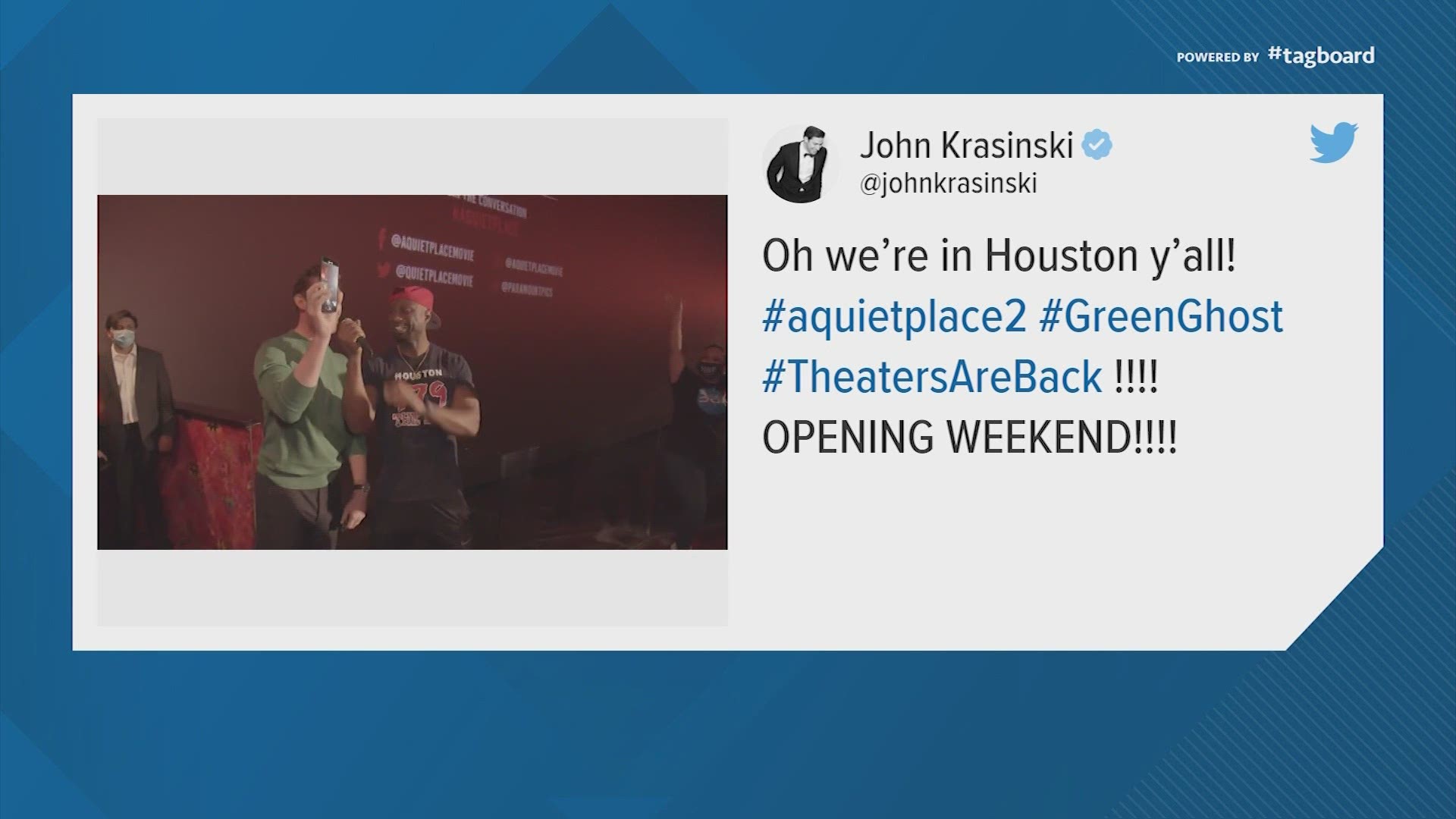 Actor and director John Krasinski surprised movie-goers at the opening screening of "A Quiet Place 2" at one of the Regal Theatres in Houston.